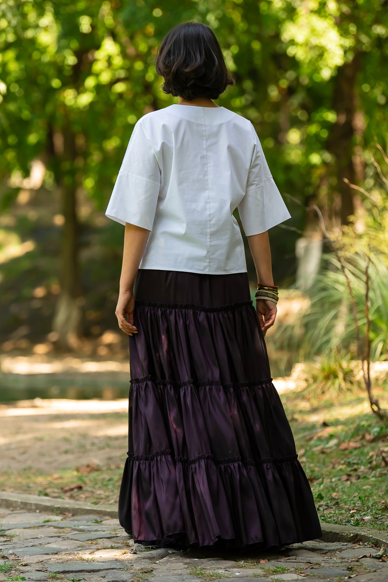 Fusta mov din tafta boho cu volane