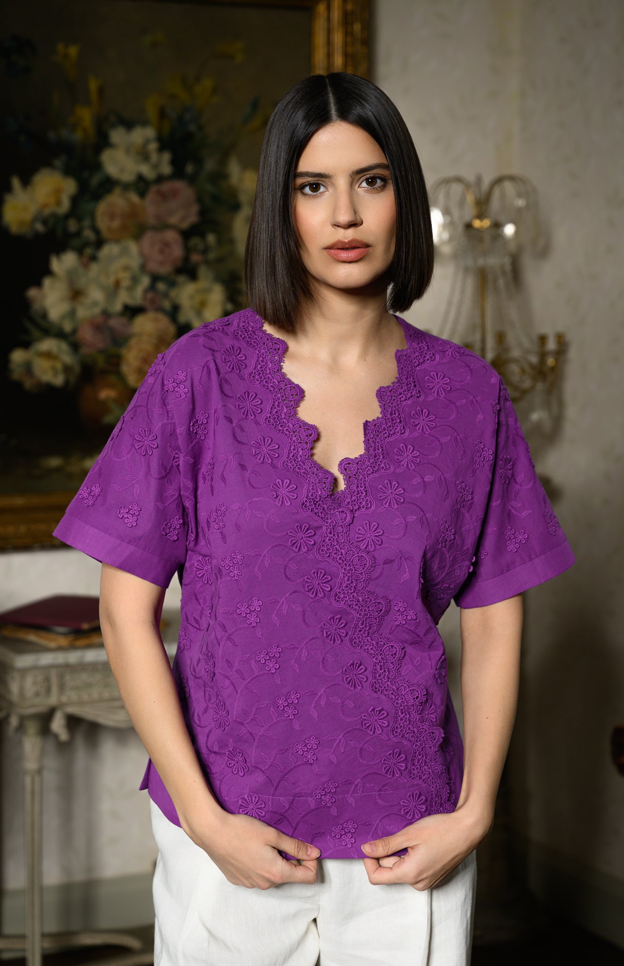 Bluza chimono violet din batist de bumbac și broderie tridimensională