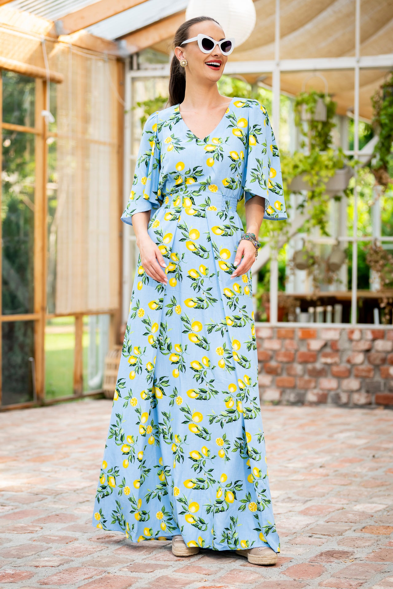 Rochia bleu lungă cu imprimeu mediteranean