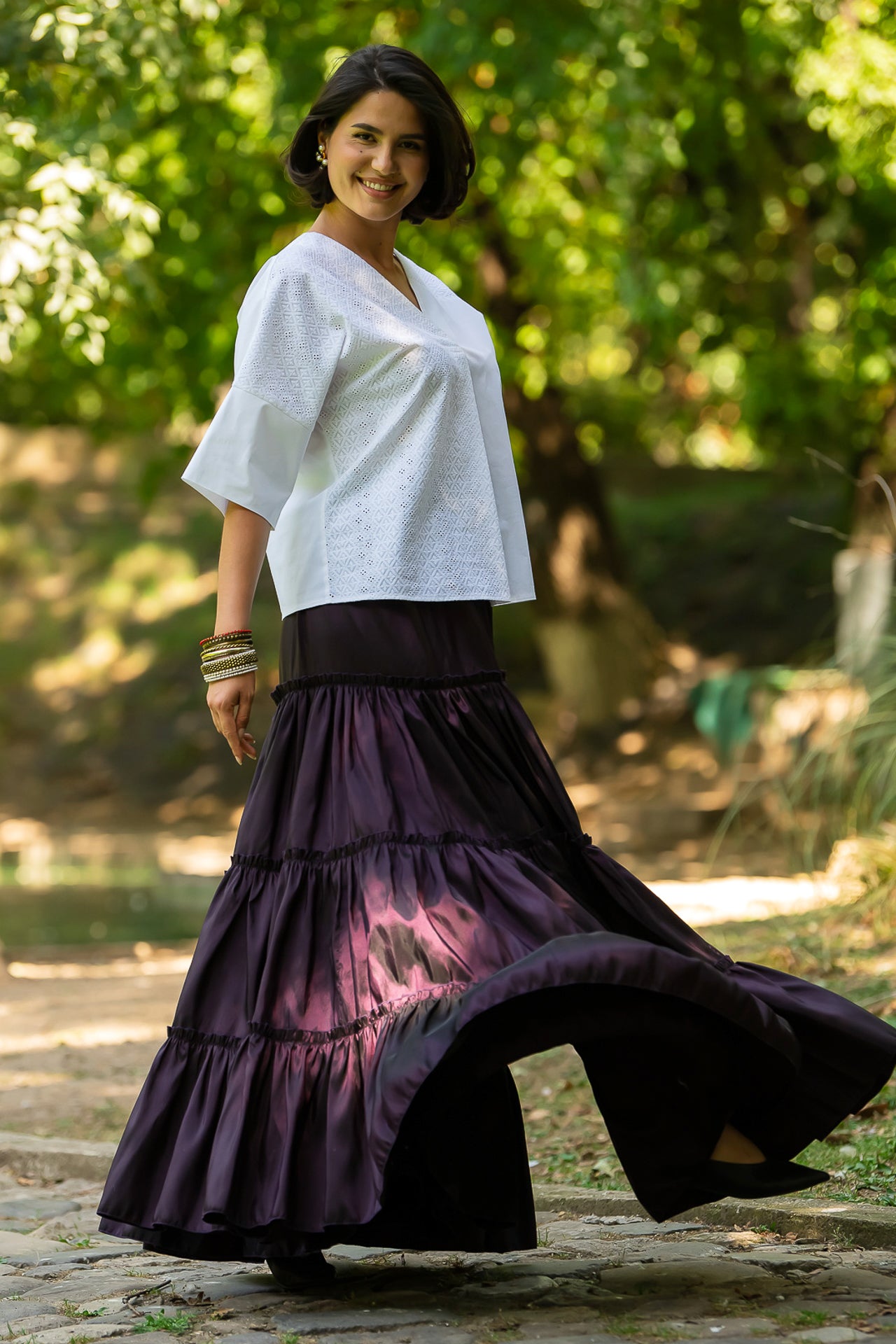 Fusta mov din tafta boho cu volane