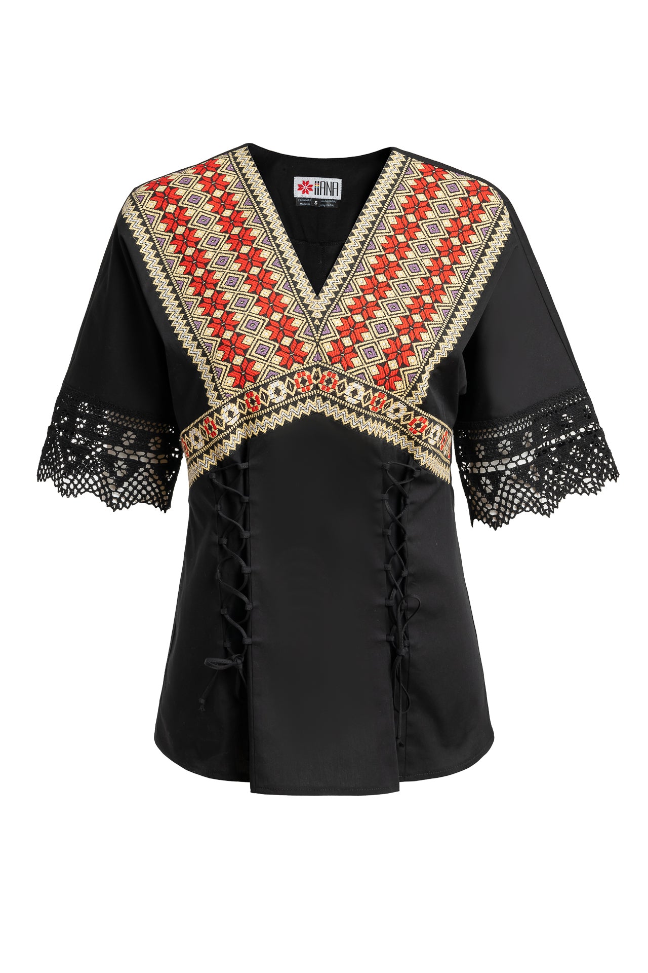 Bluză kimono cu dantelă tradițională și jacquard etnic țesut