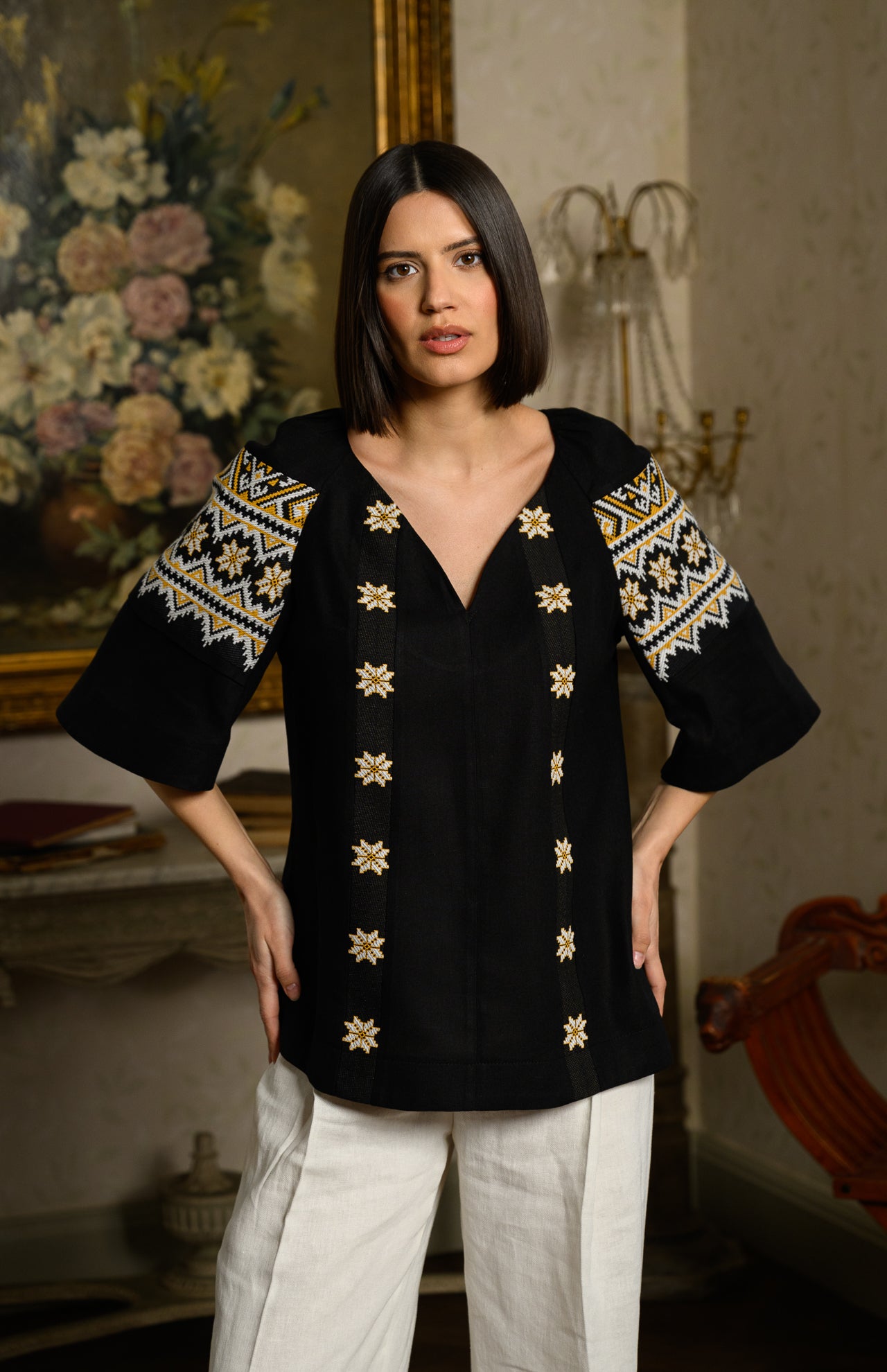 Ie stilizată neagră din in și jacquard etnic țesut Daria