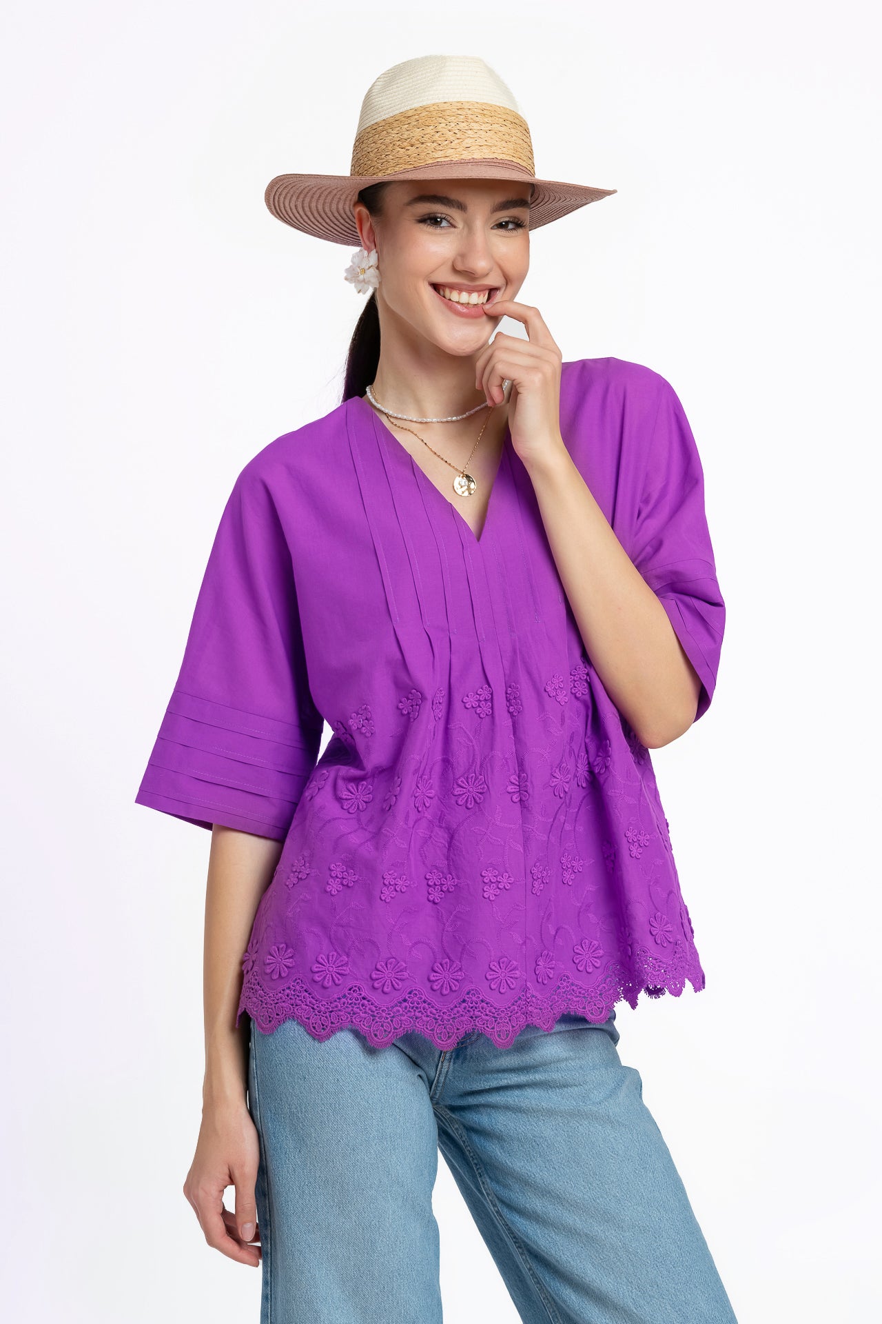 Bluza kimono violet din batist de bumbac și broderie tridimensională
