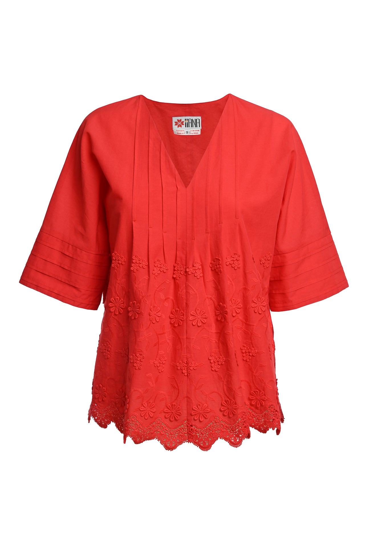 Bluza kimono roșie din batist de bumbac și broderie tridimensională