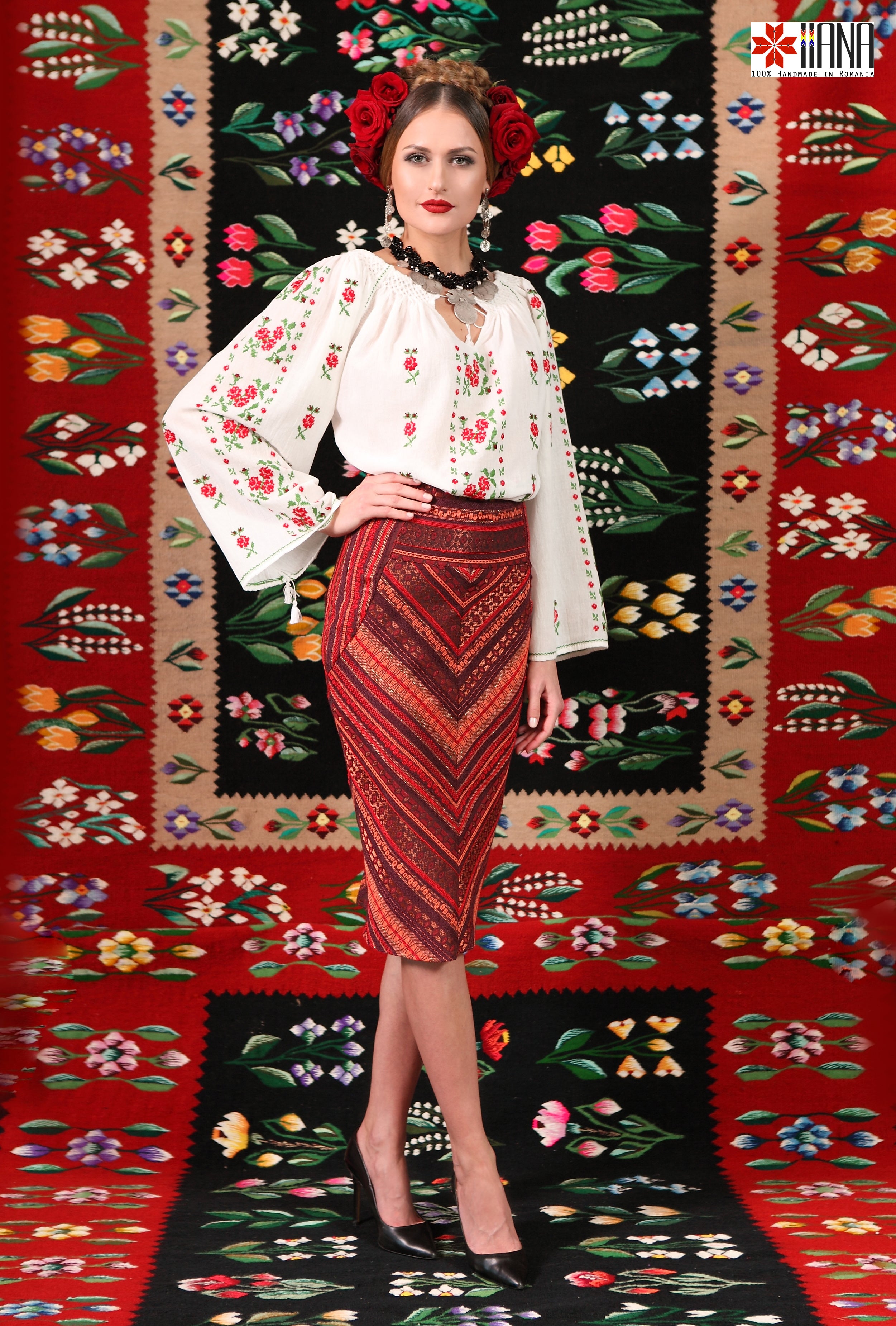 Ie Traditionala Romaneasca Maneca Lunga Cusuta Manual Motivul Trandafir