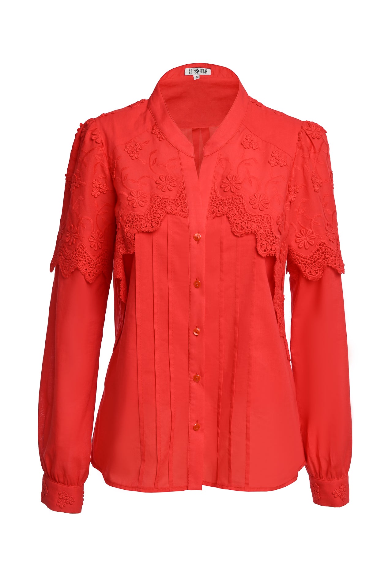 Cămașa roșie din batist de bumbac și broderie tridimensională