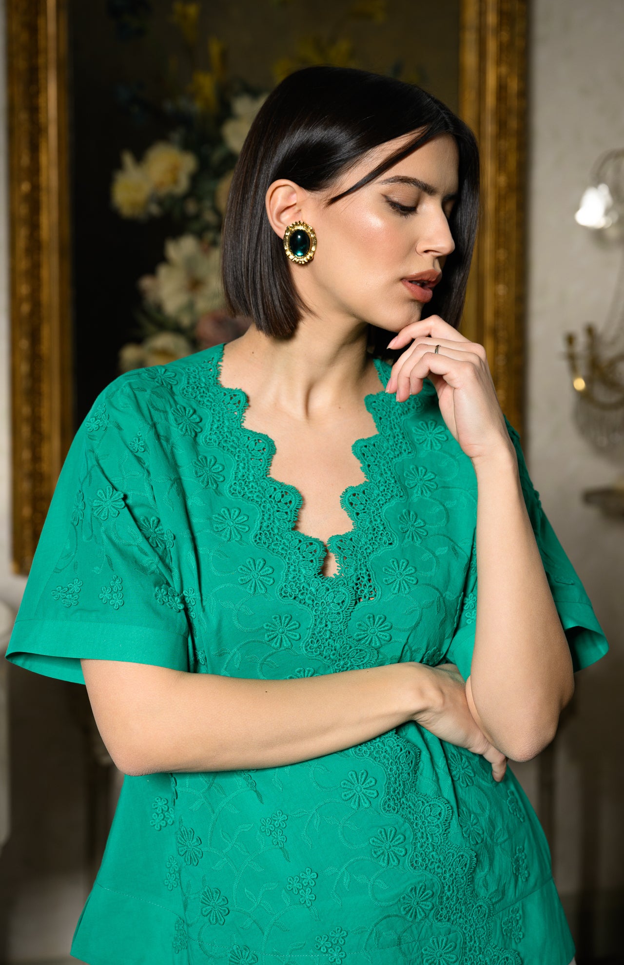 Bluză chimono verde din batist de bumbac și broderie tridimensională