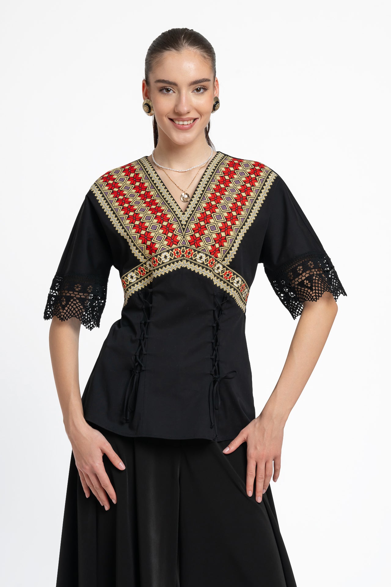 Bluză kimono cu dantelă tradițională și jacquard etnic țesut
