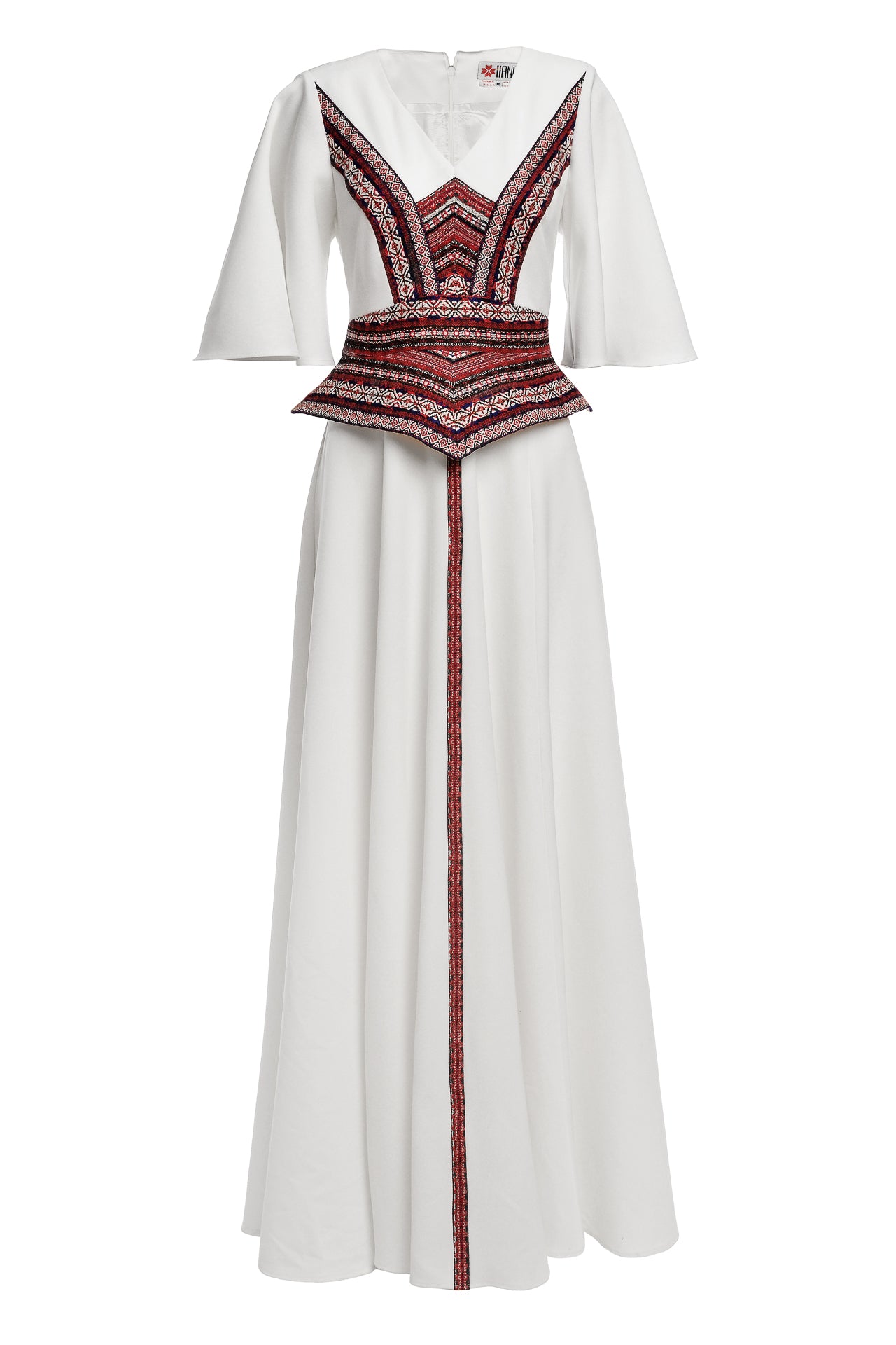 Rochia mireasă stilizată cu motive tradiționale țesute Mara