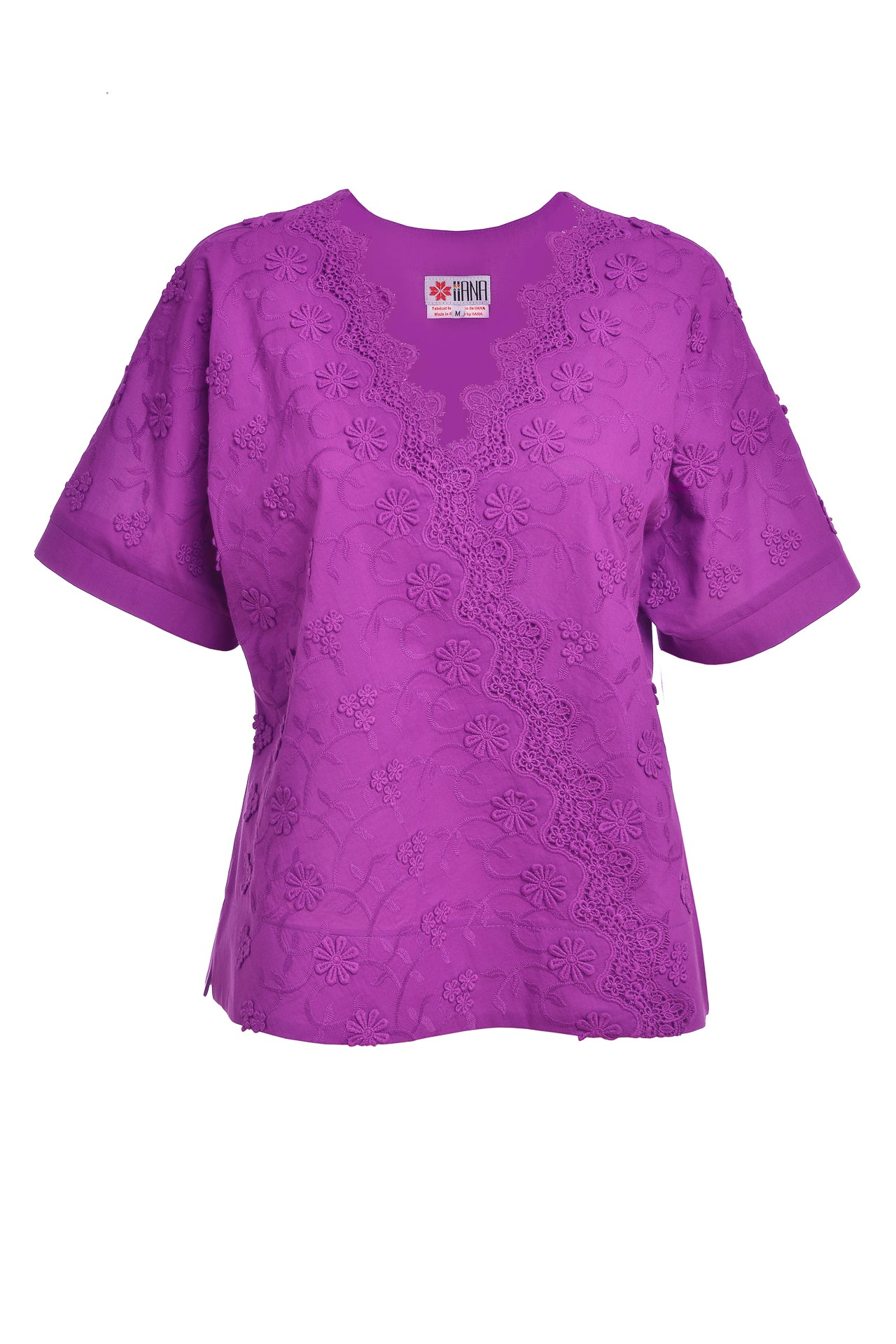 Bluza chimono violet din batist de bumbac și broderie tridimensională