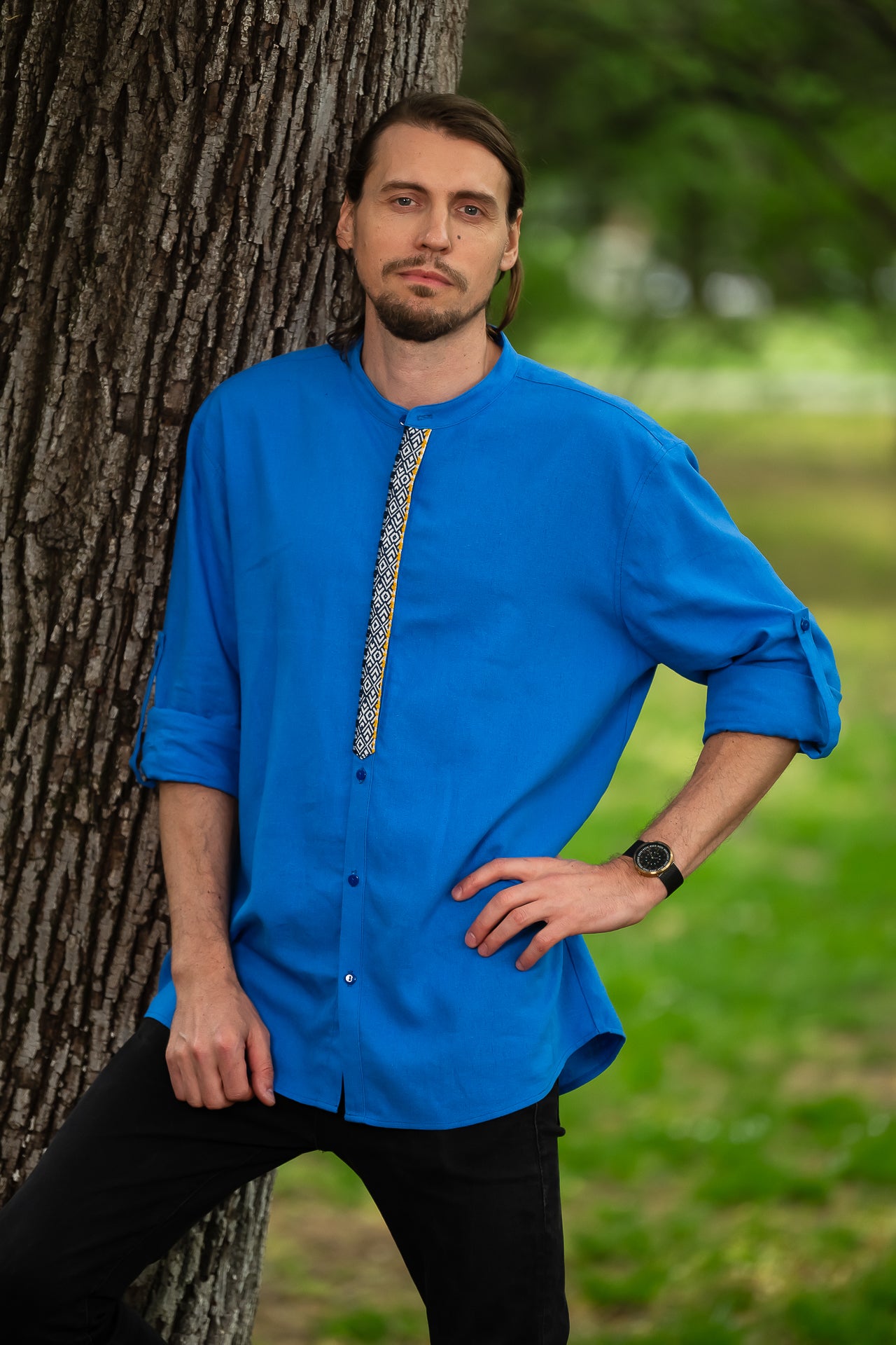 Camasa Din In Albastru Pentru Barbati Cu Motive Populare