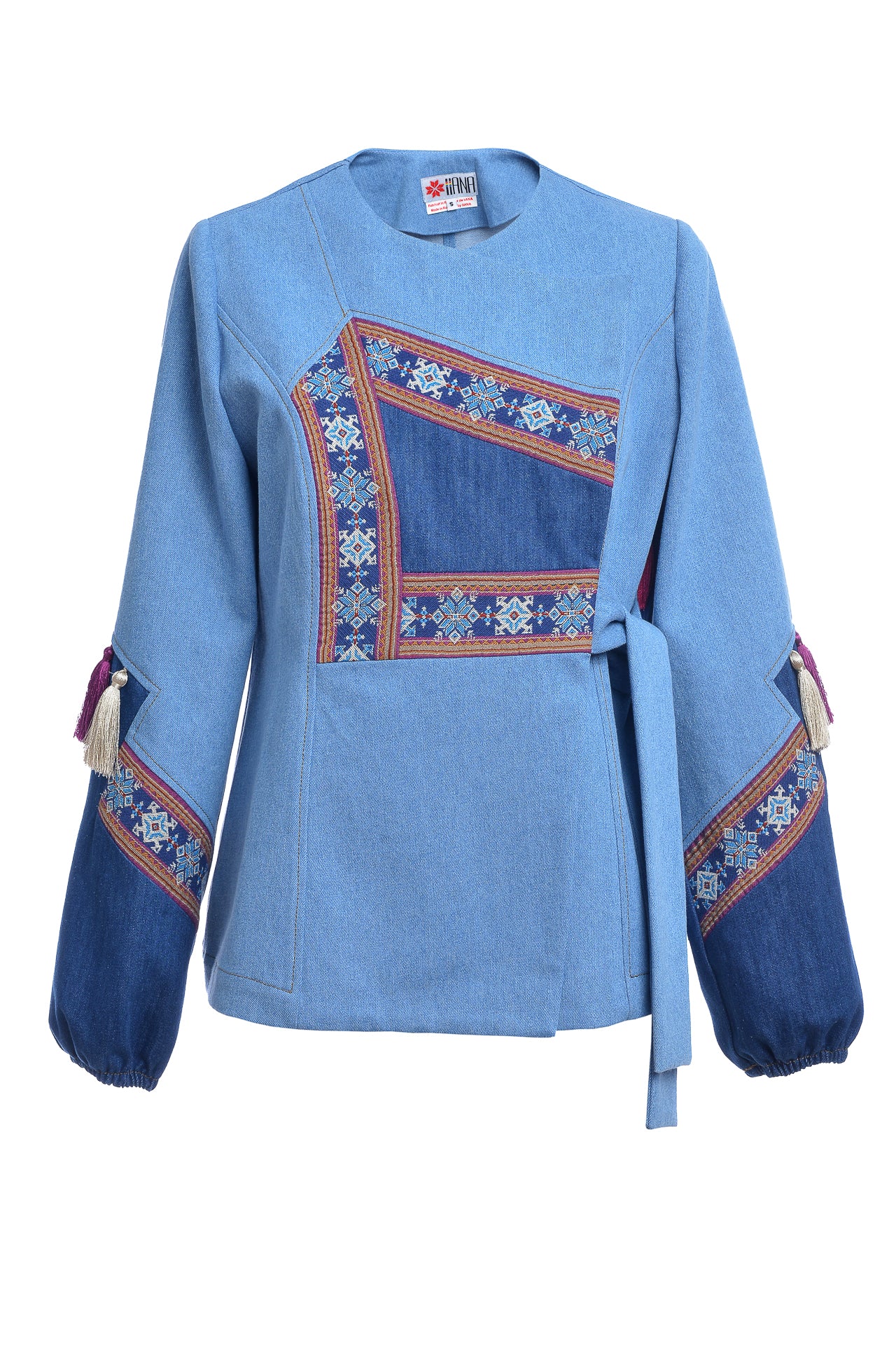 Jacheta din Denim cu Ciucuri de Matase si Jacquard Etnic