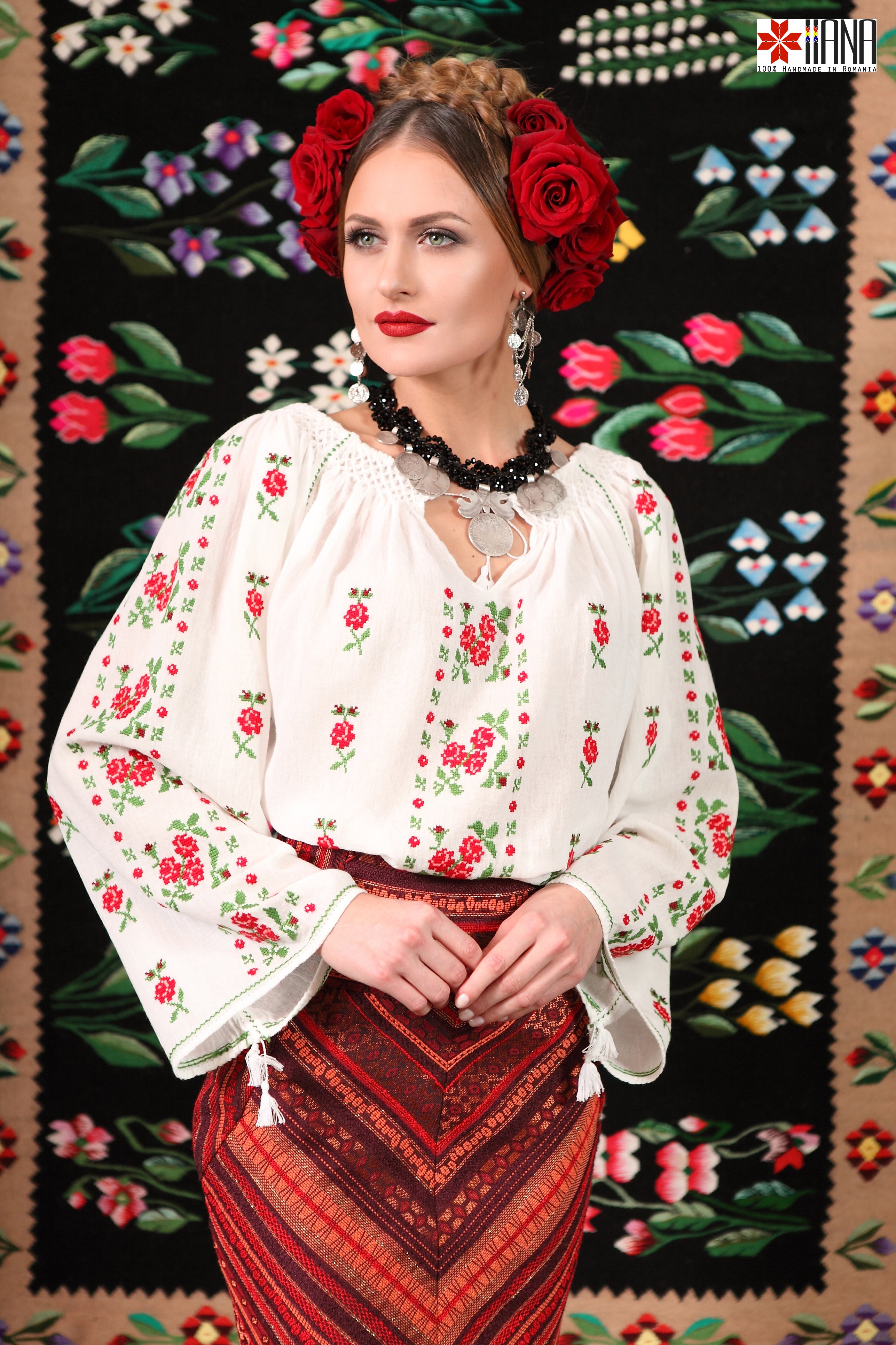 Ie Traditionala Romaneasca Maneca Lunga Cusuta Manual Motivul Trandafir