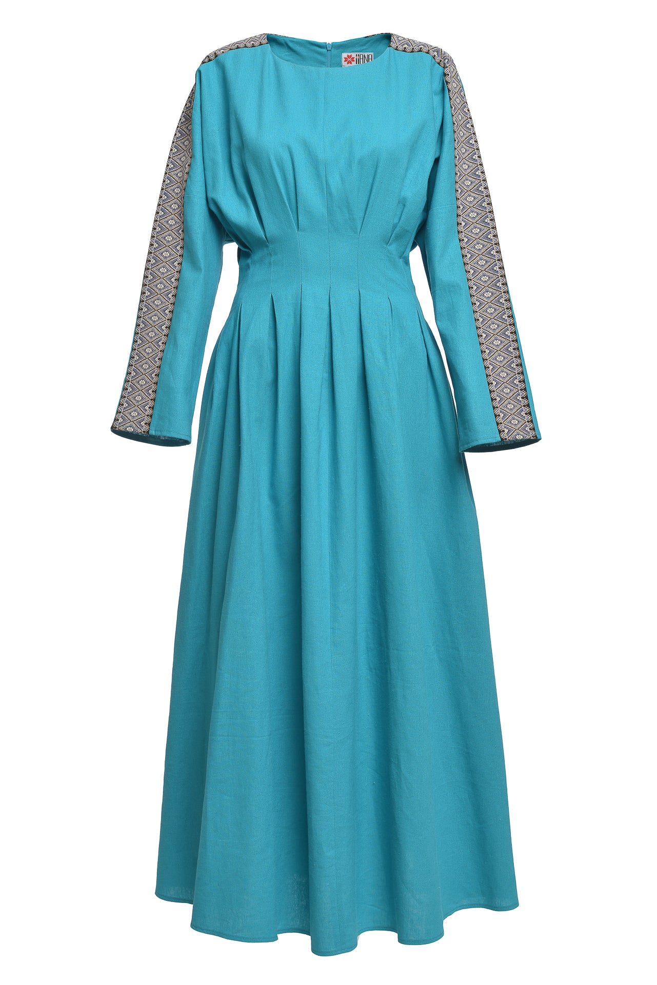 Rochia modernă din in turcoaz cu pense cusute manual și jacquard etnic