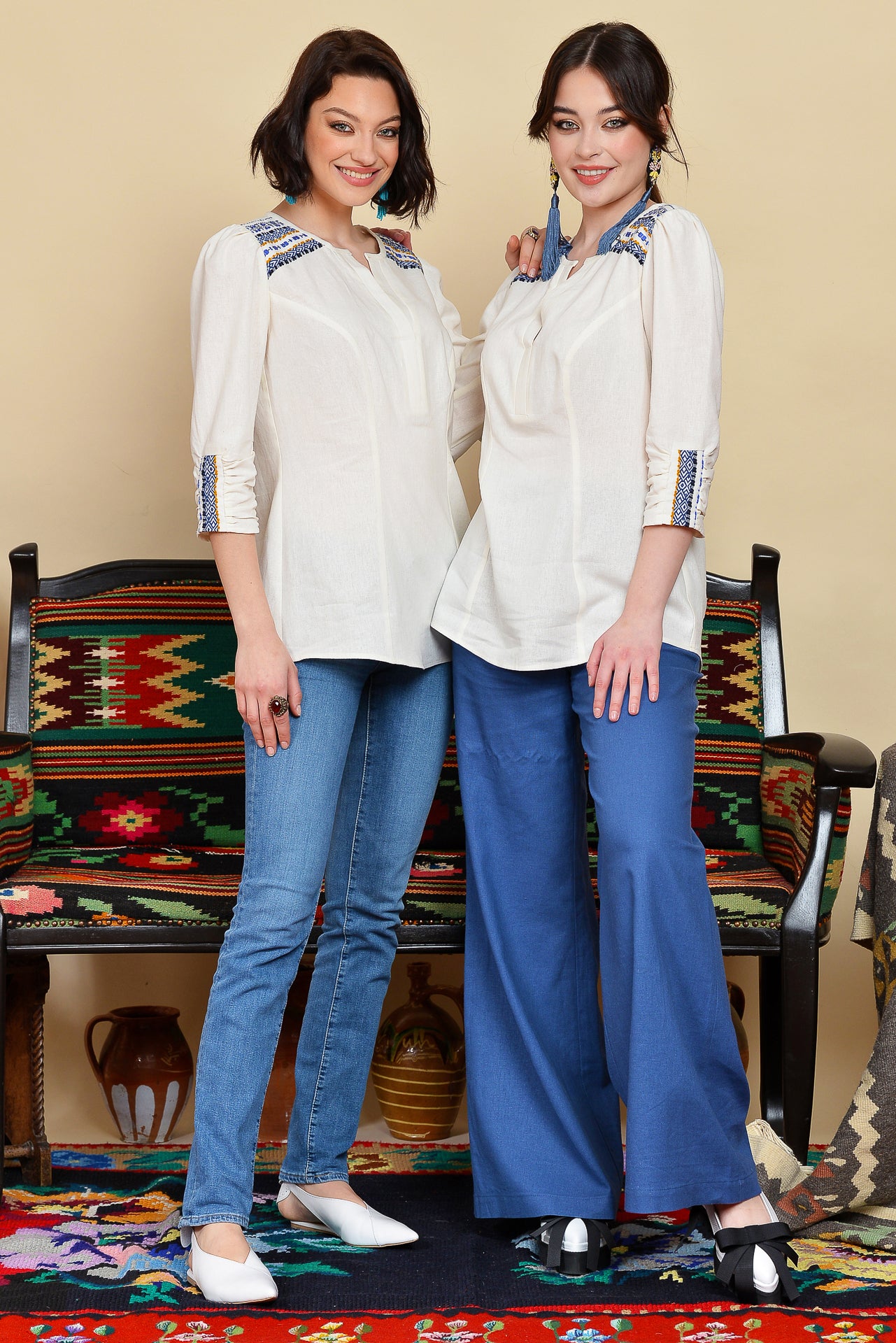 Camasa din In si Jacquard Etnic Albastru