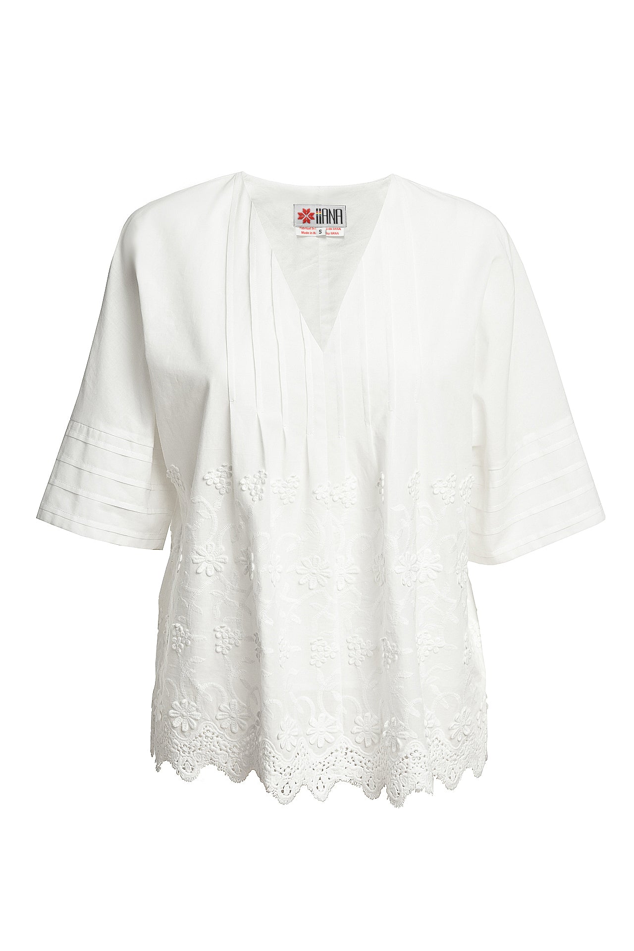 Bluza kimono albă din batist de bumbac și broderie tridimensională