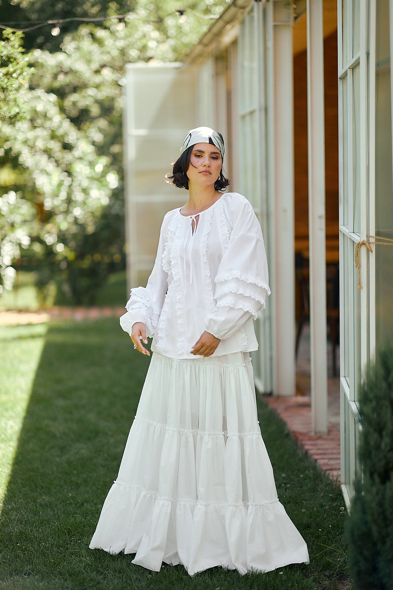 Fusta Alba Din Bumbac Boho cu Volane