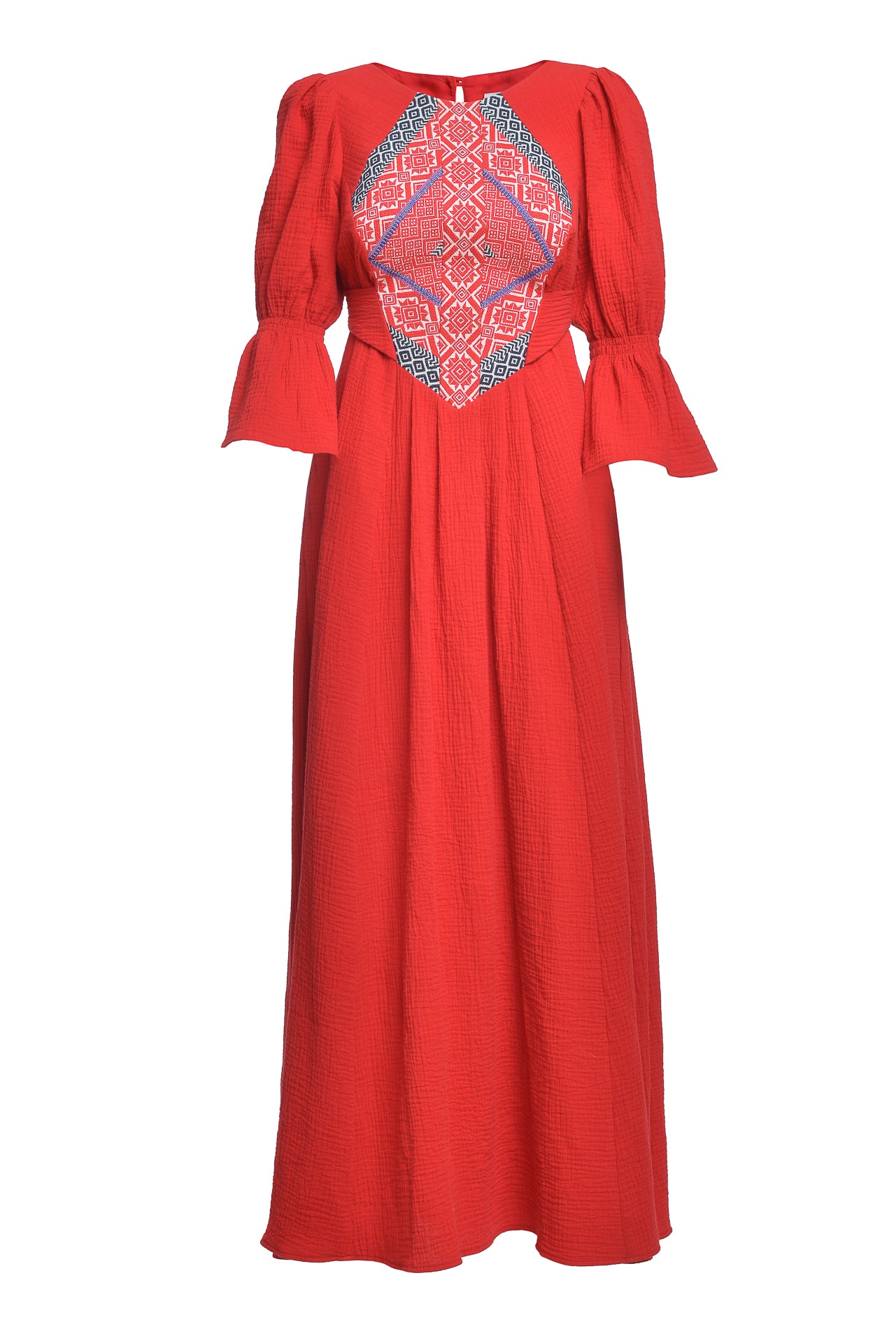 Rochia etno din muselină roșie și corset românesc din jacquard tradițional