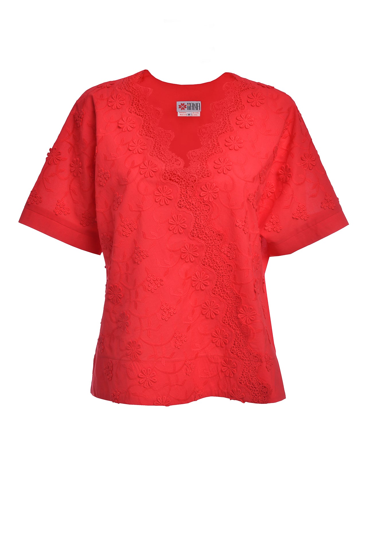 Bluză chimono roșie din batist de bumbac și broderie tridimensională