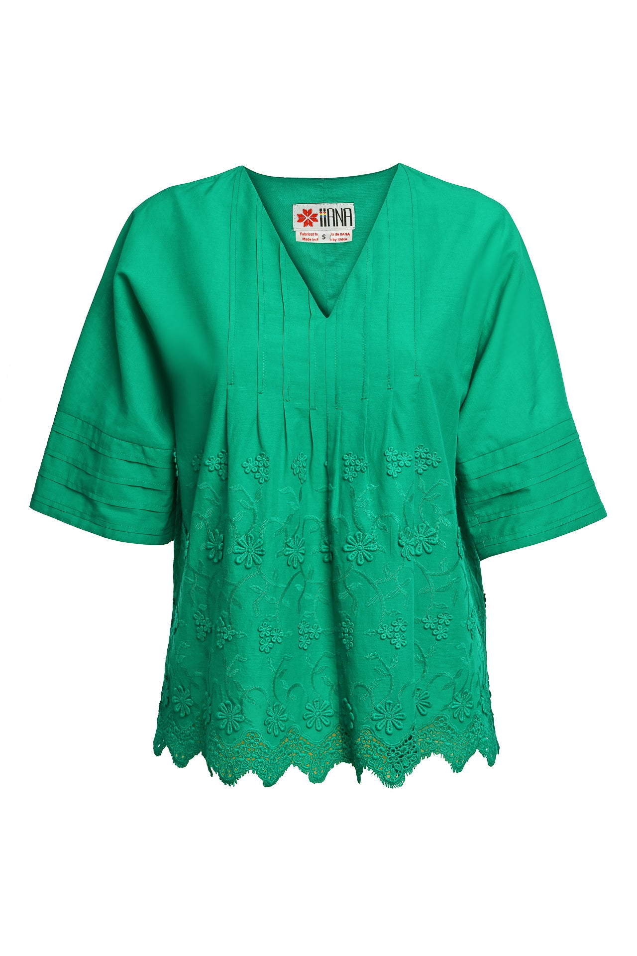 Bluza kimono verde din batist de bumbac și broderie tridimensională