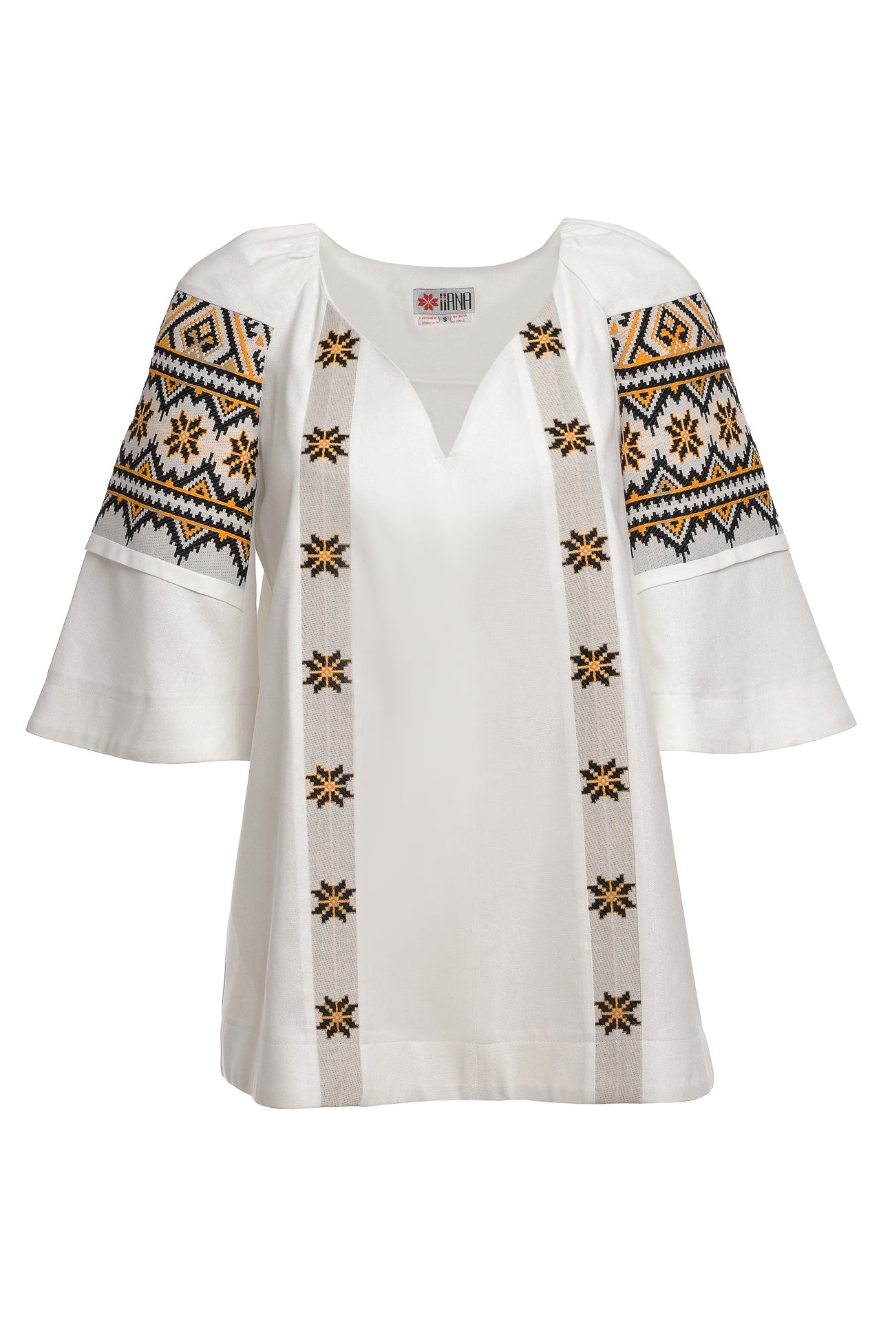 Ie stilizată albă din in și jacquard etnic țesut Lucia