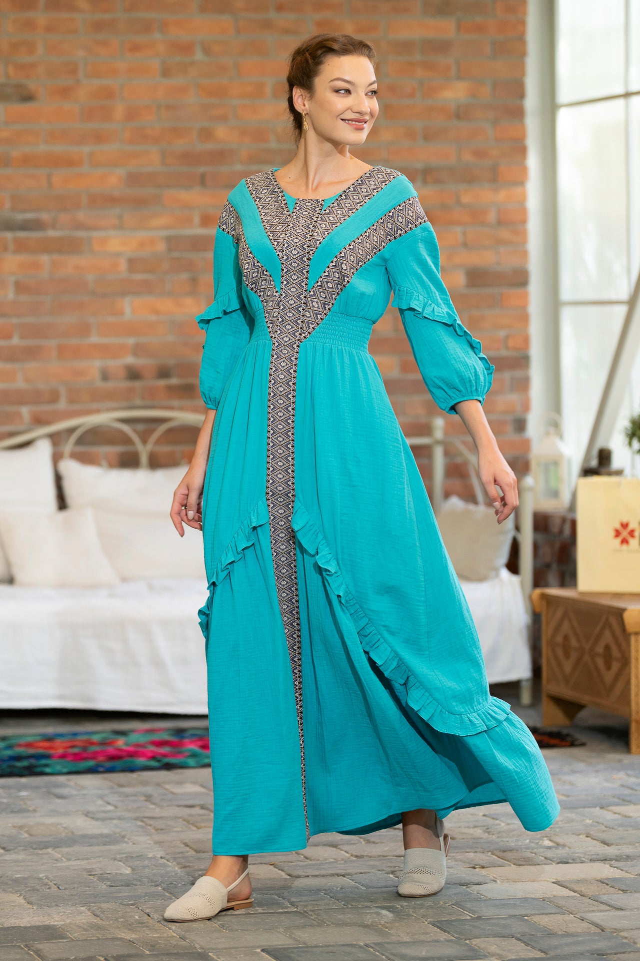 Rochia lungă Pomul Vieții turcoaz