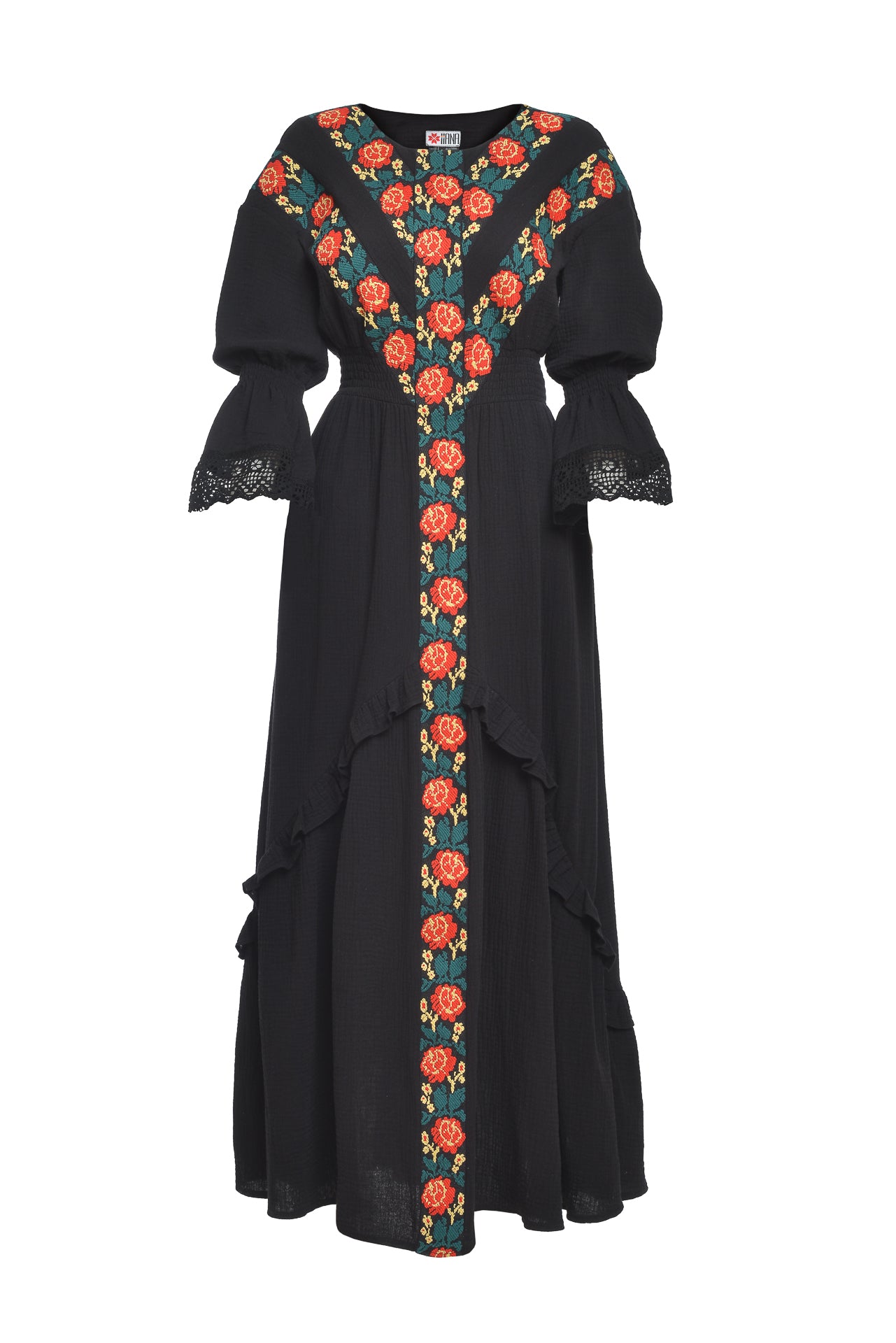 Rochia lungă Pomul Vieții neagră cu flori țesute și dantelă tradițională