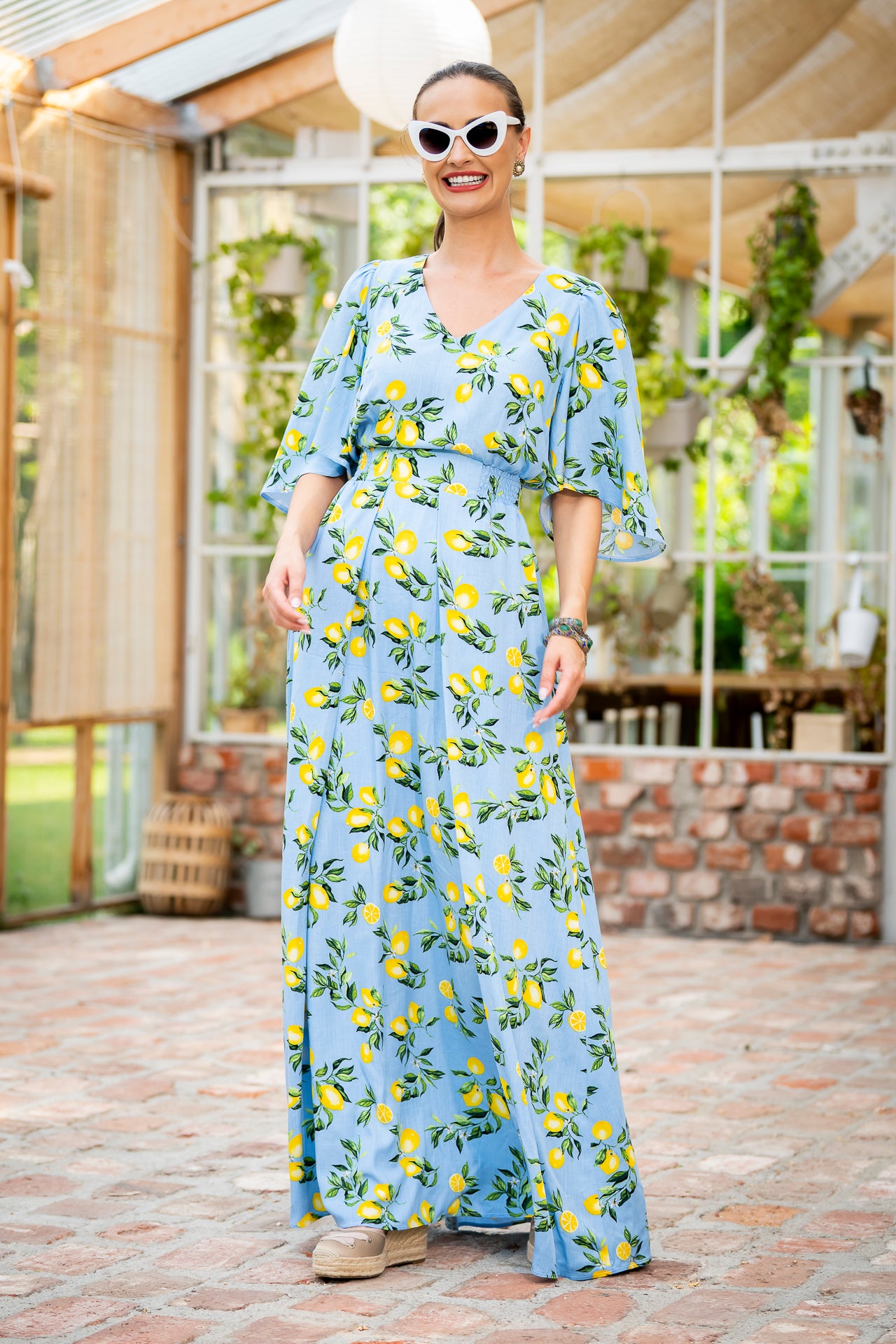 Rochia bleu lungă cu imprimeu mediteranean