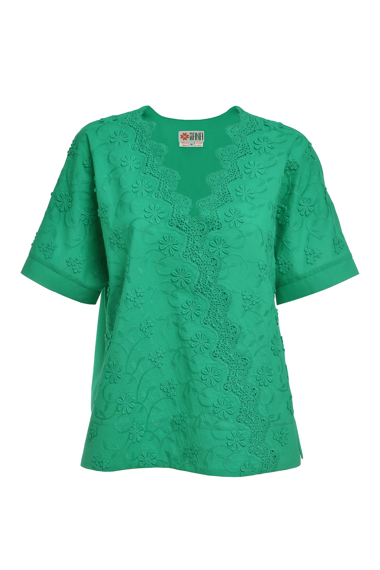 Bluză chimono verde din batist de bumbac și broderie tridimensională