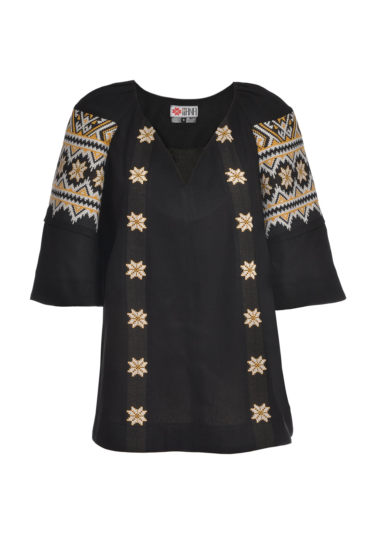 Ie stilizată neagră din in și jacquard etnic țesut Daria