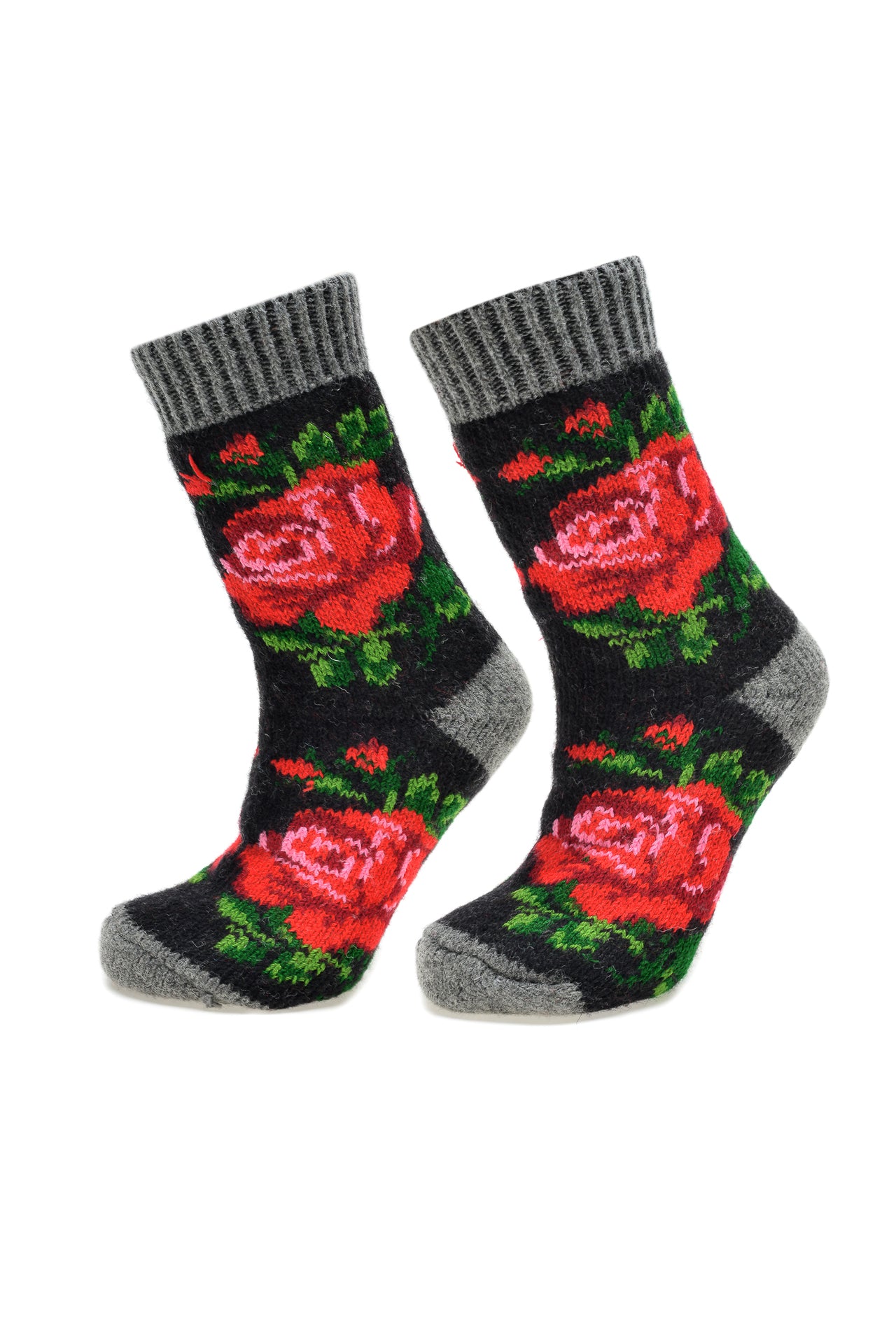 Sosete Negre din Lana cu Trandafiri Rosii