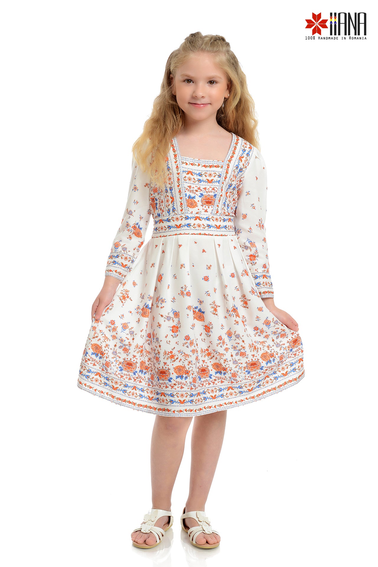 Rochita traditionala fetite Alba Zora cu motive populare florare 8-15 ani