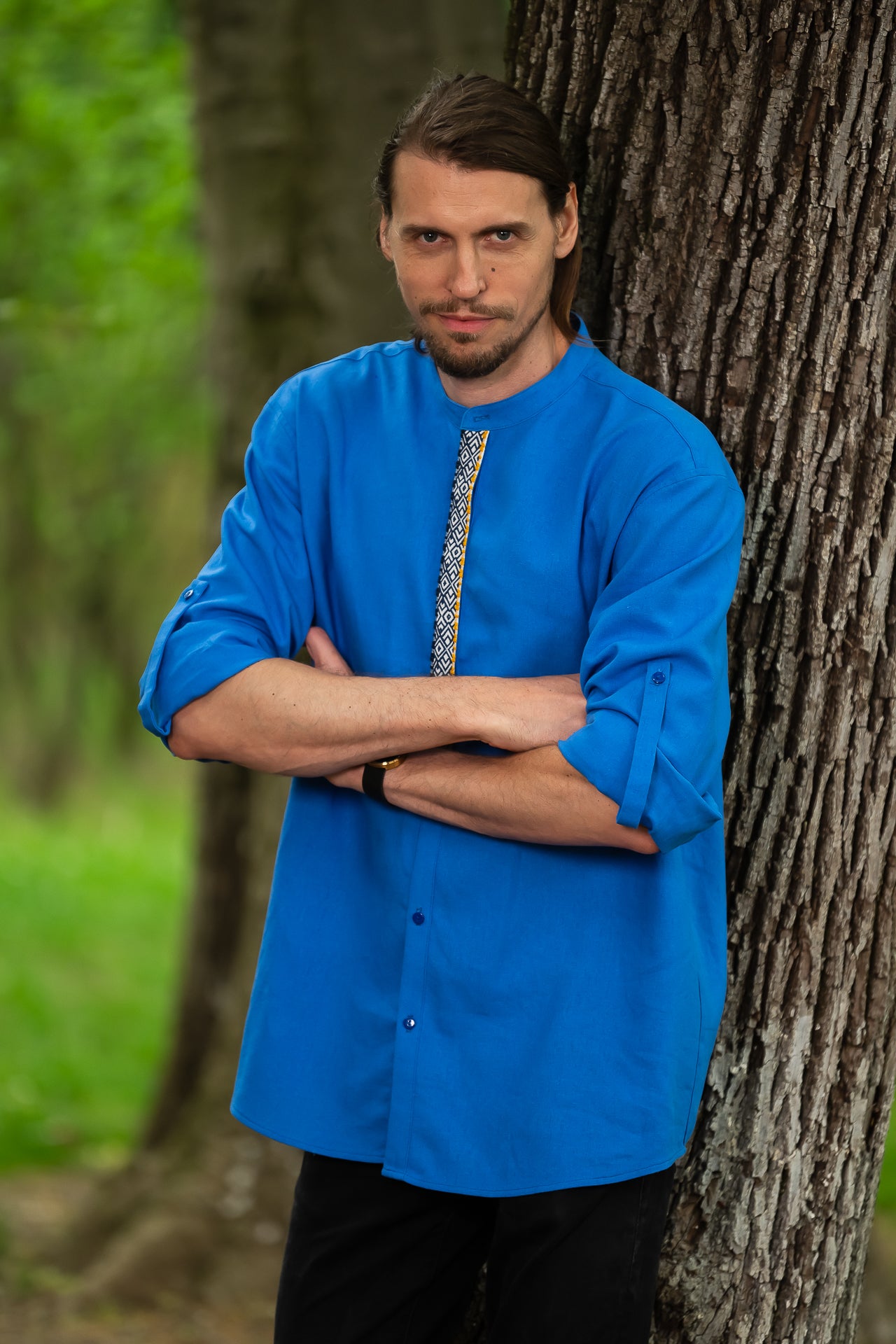 Camasa Din In Albastru Pentru Barbati Cu Motive Populare