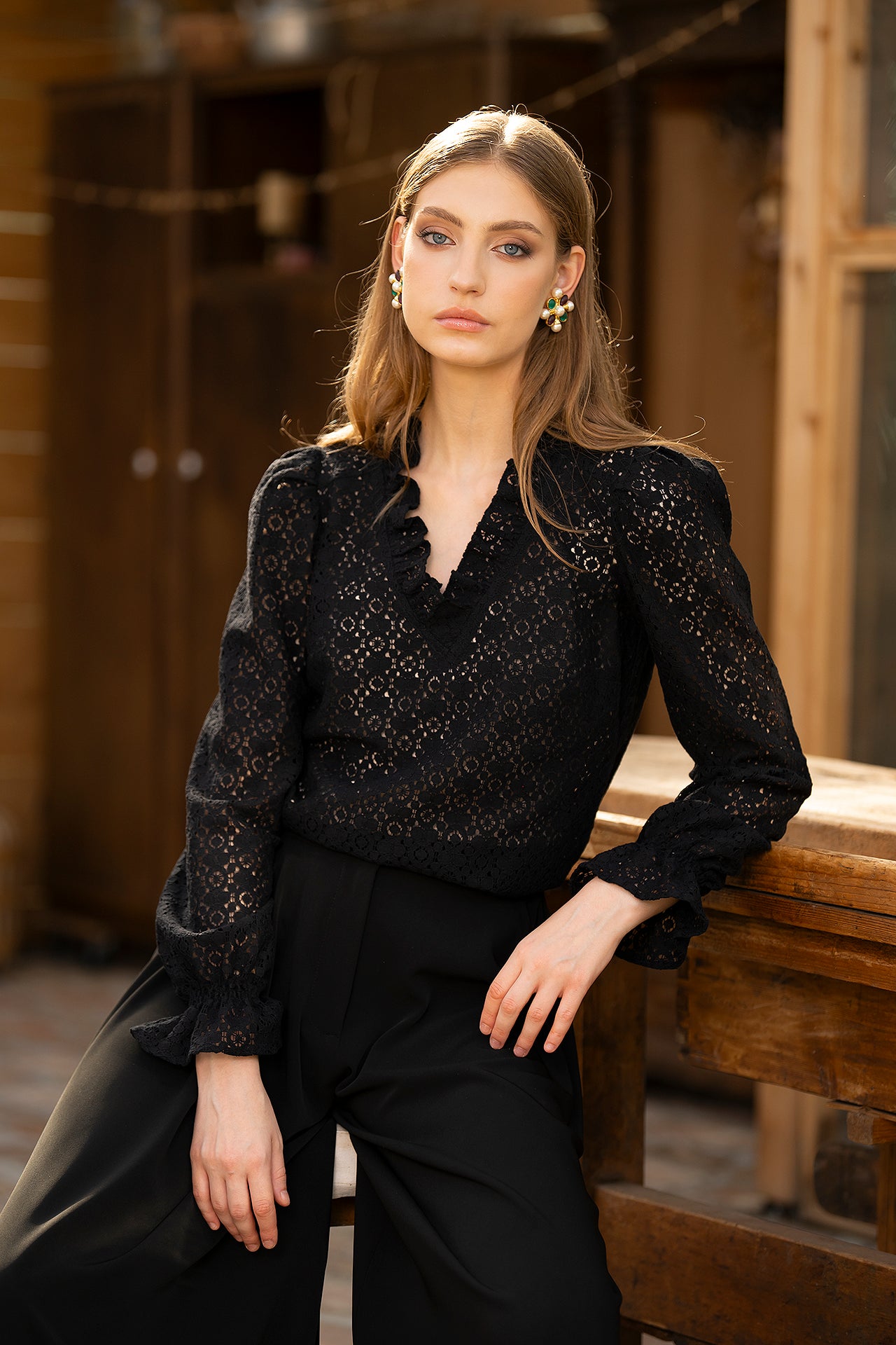 Bluza Neagra Din Dantela De Bumbac Irma