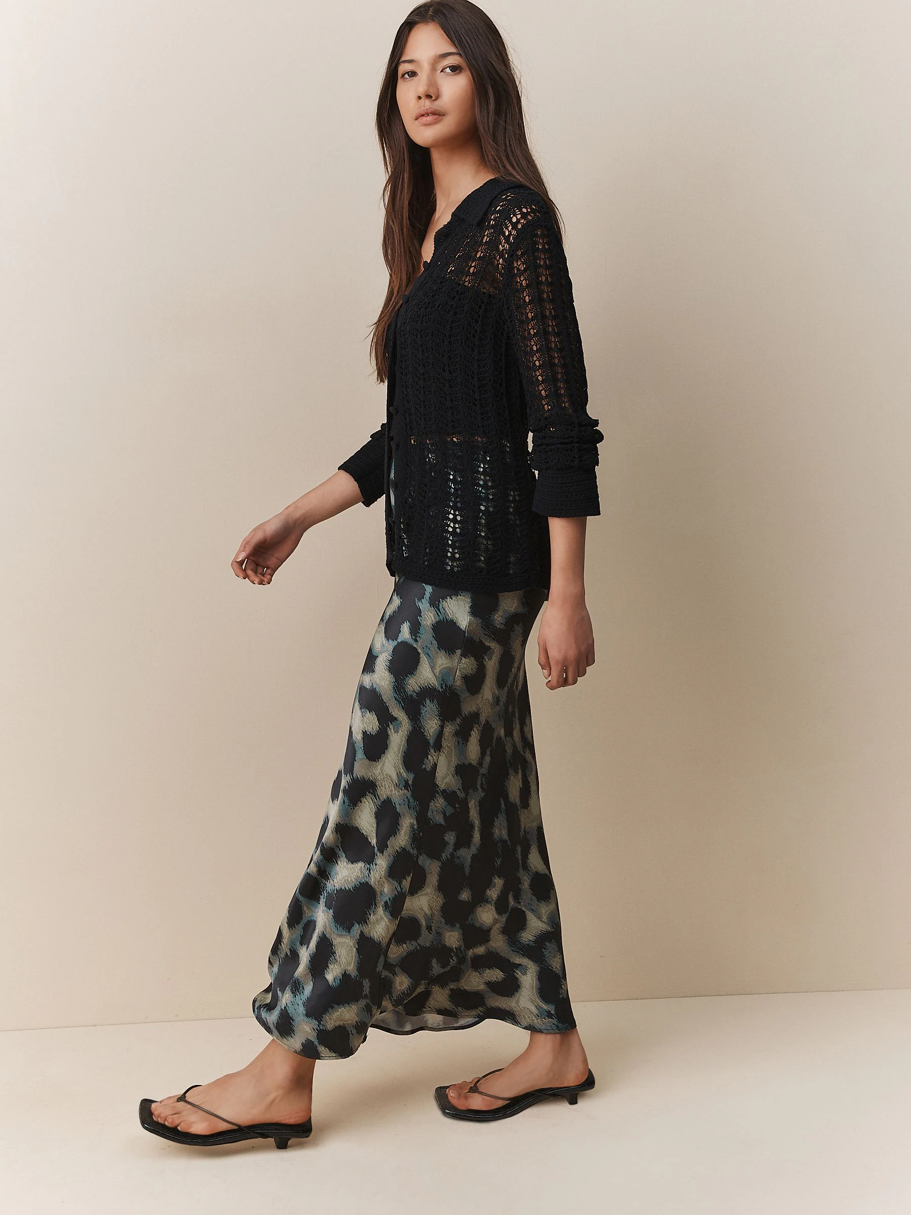 Green Animal Print Satin Midi Skirt