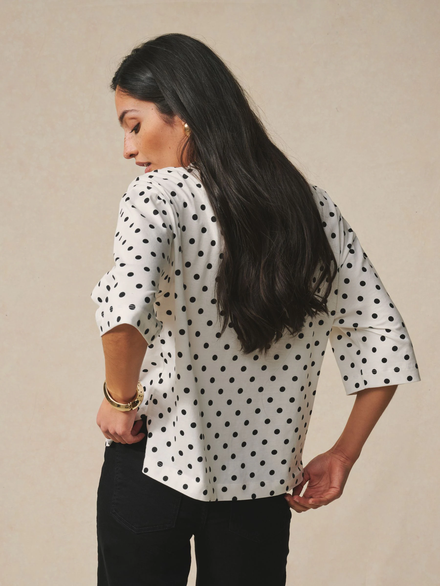 White/Black Polka Dot Relaxed Boxy Elbow Length Crew Neck T-Shirt