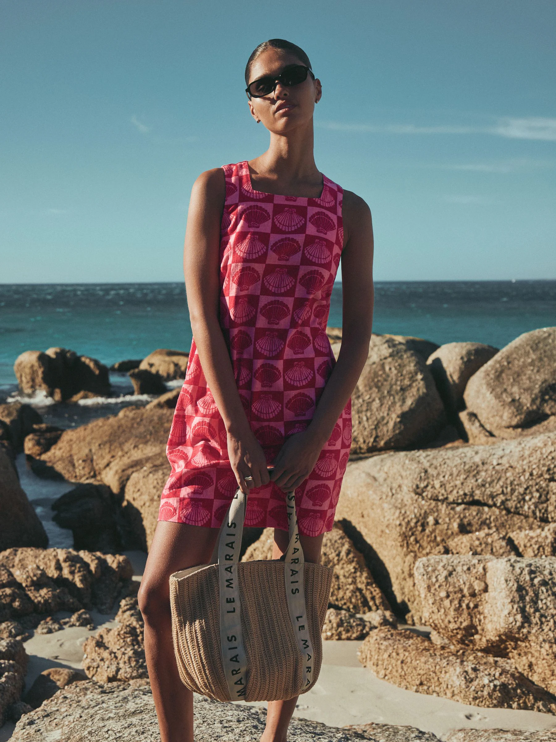 Pink/Red Shell Print Linen Rich Square Neck Shift Mini Dress