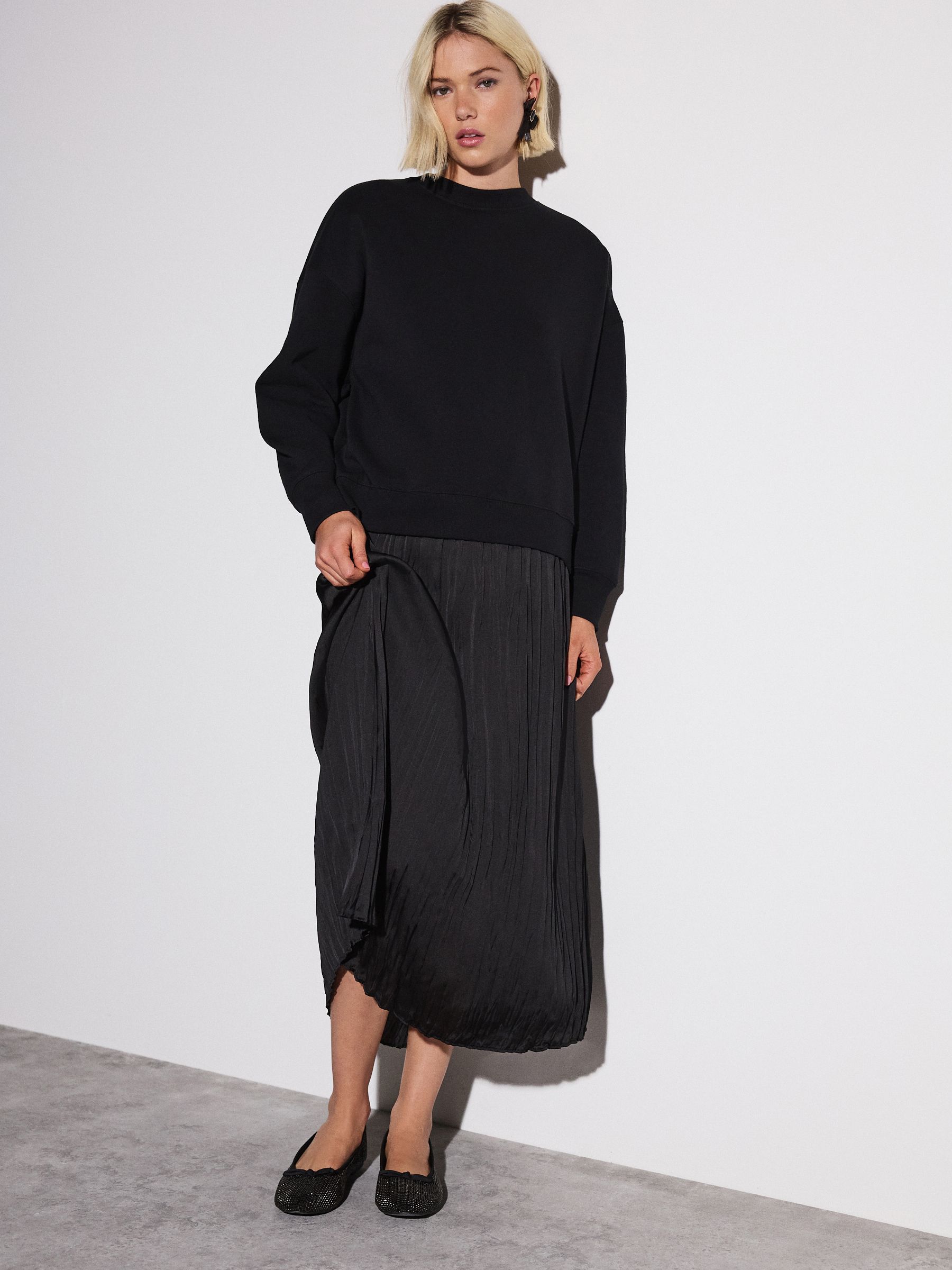 Black 2-In-1 Sweatshirt With Satin Midi Skirt