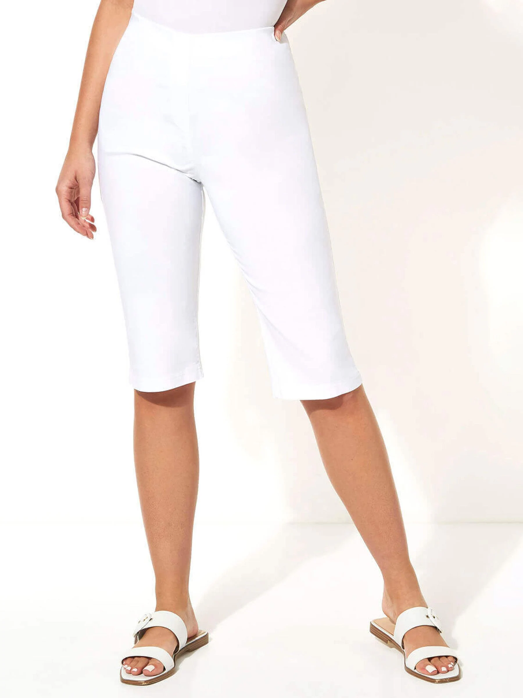 Roman White Knee Length Stretch Shorts
