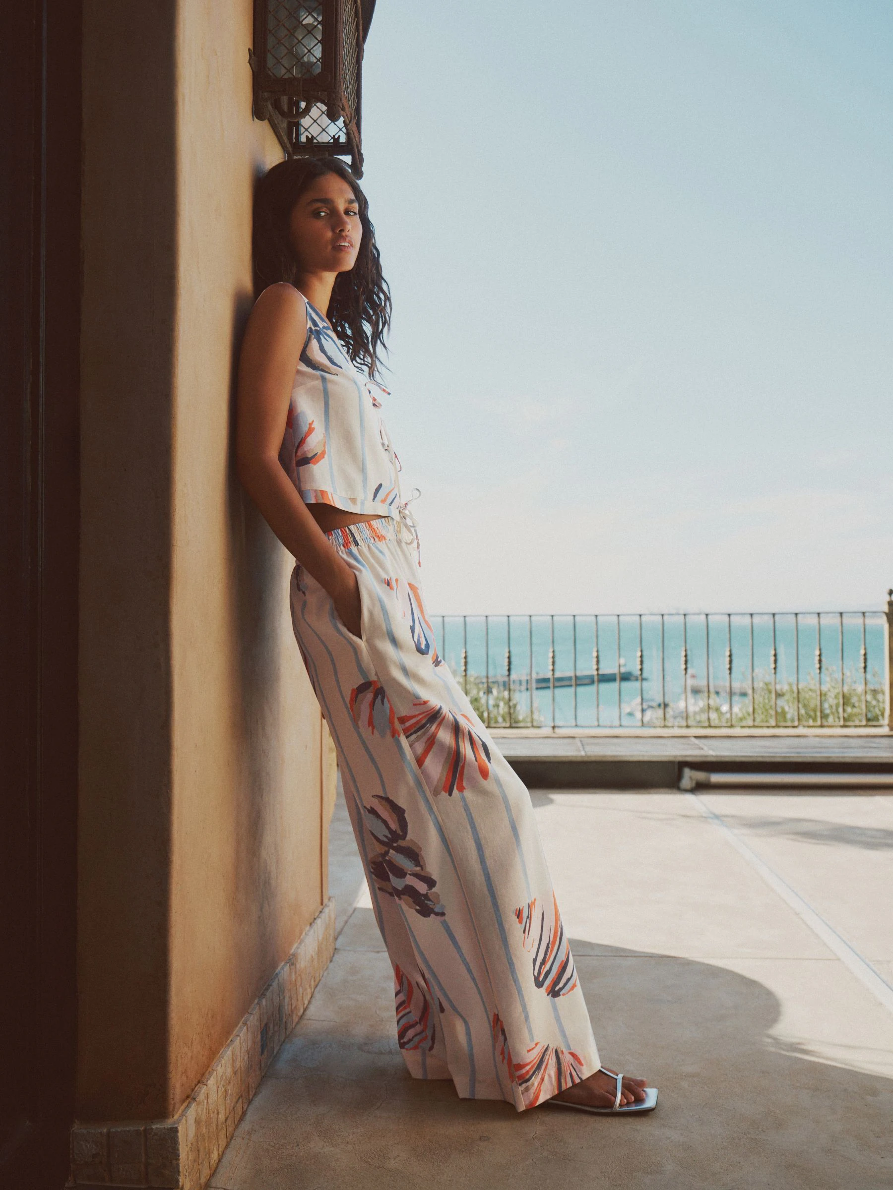 Ecru Shell Print Pull On Wide Leg Trousers With Linen