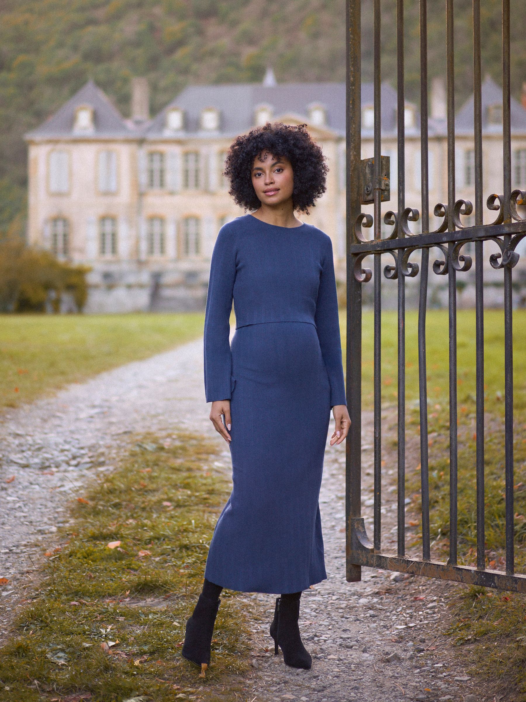 Seraphine Navy Blue Ribbed Knitted Maternity and Nursing Midi Dress