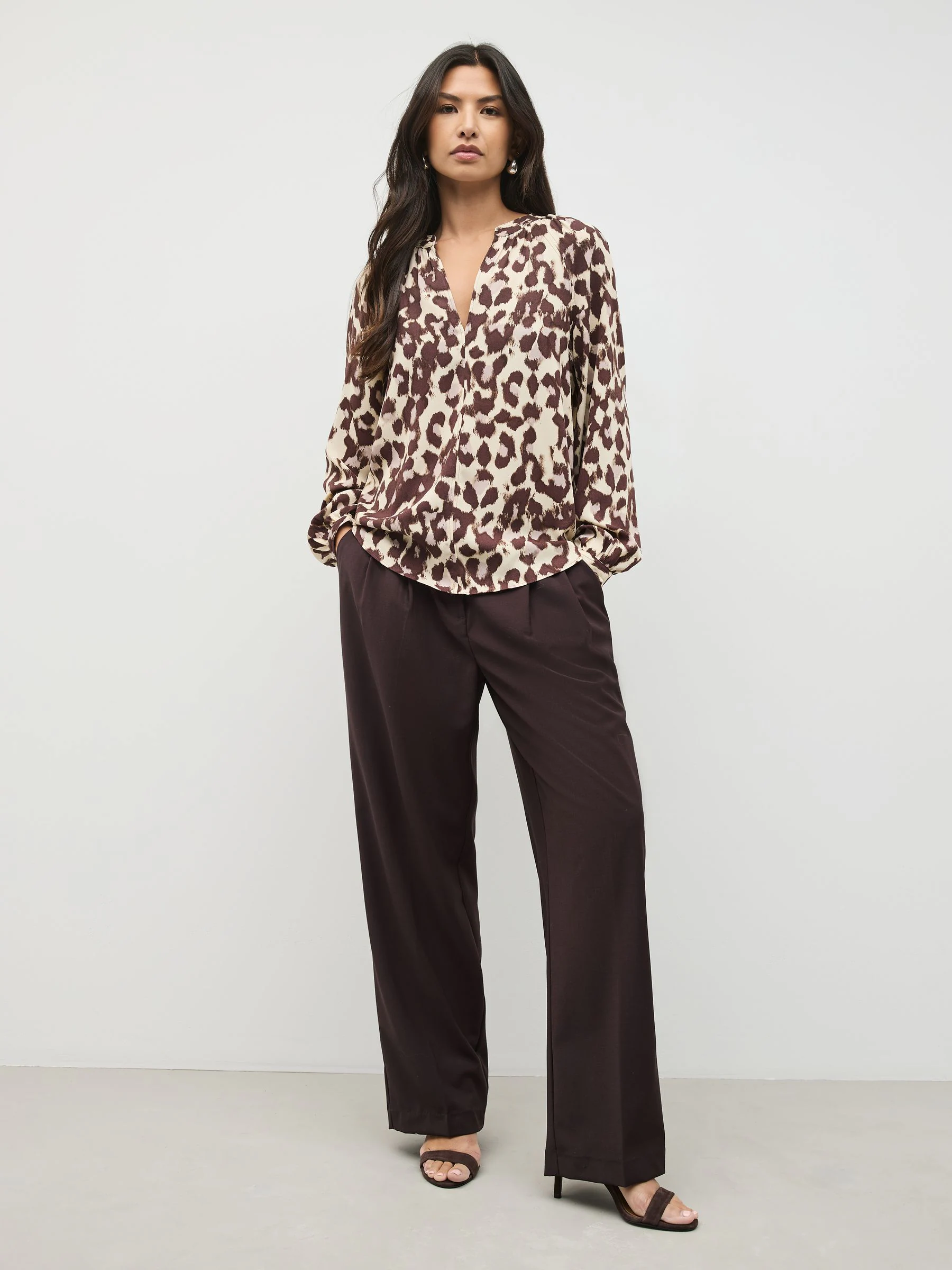 Pink Animal Print Long Sleeve V-Neck Blouse