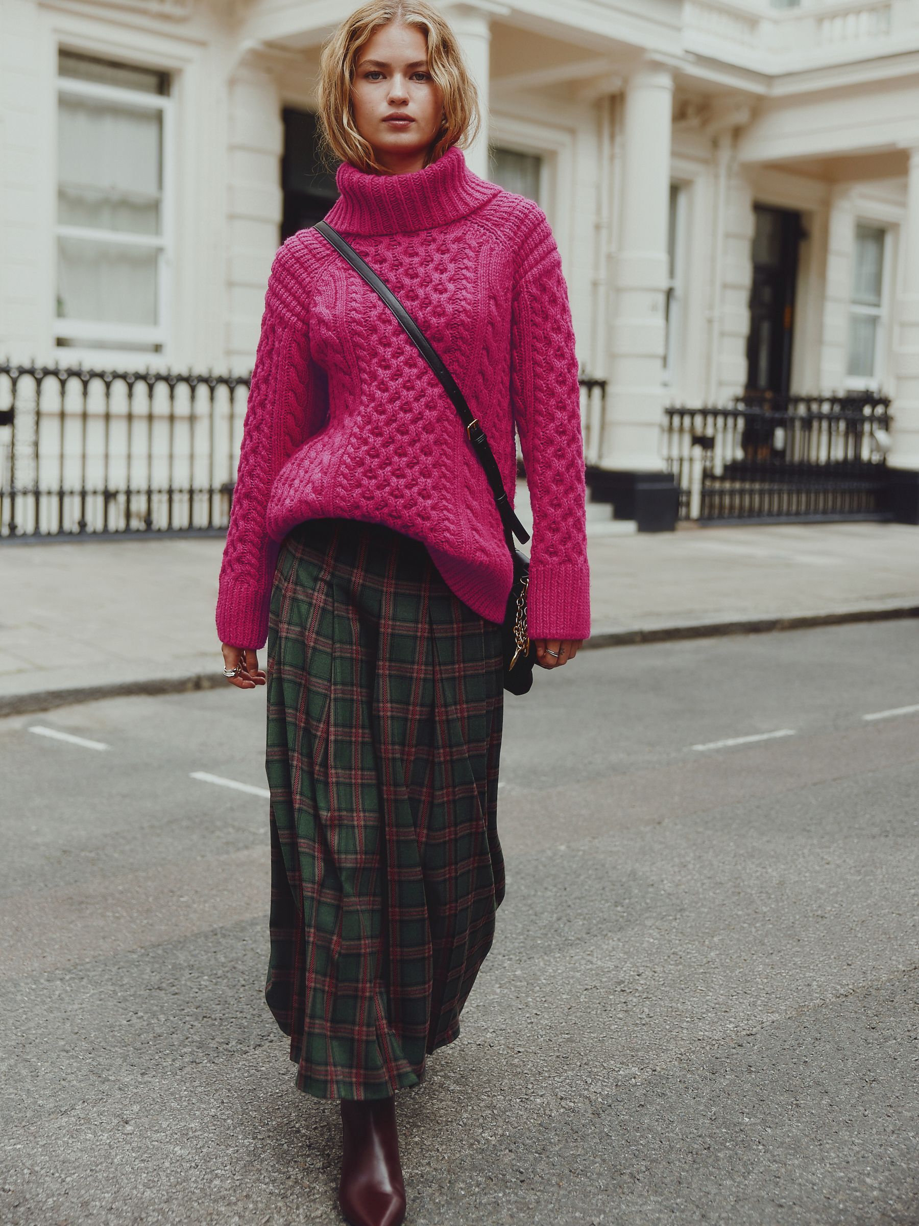 Bright Pink Roll Neck Cable Longline Jumper with Wool