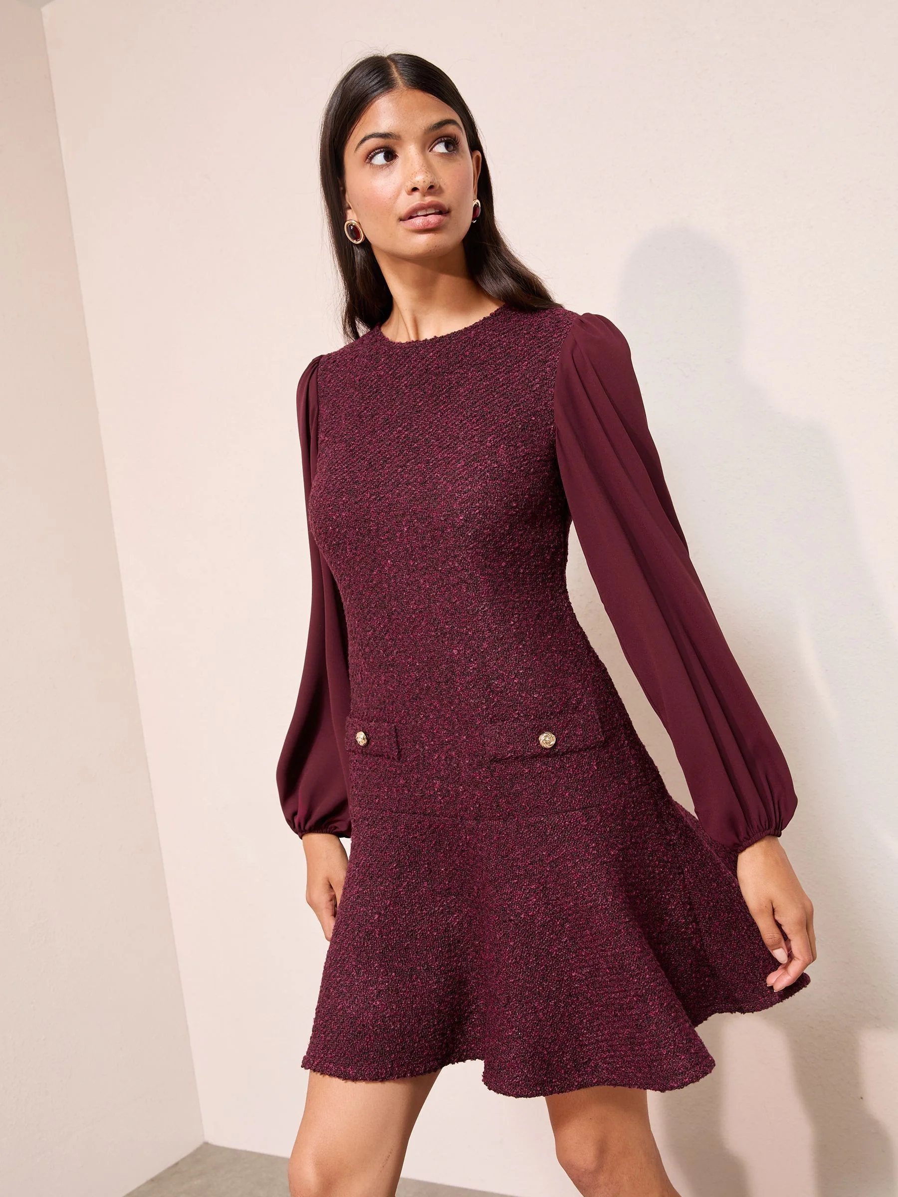 Friends Like These Burgandy Red Boucle Peplum Hem Mini Dress