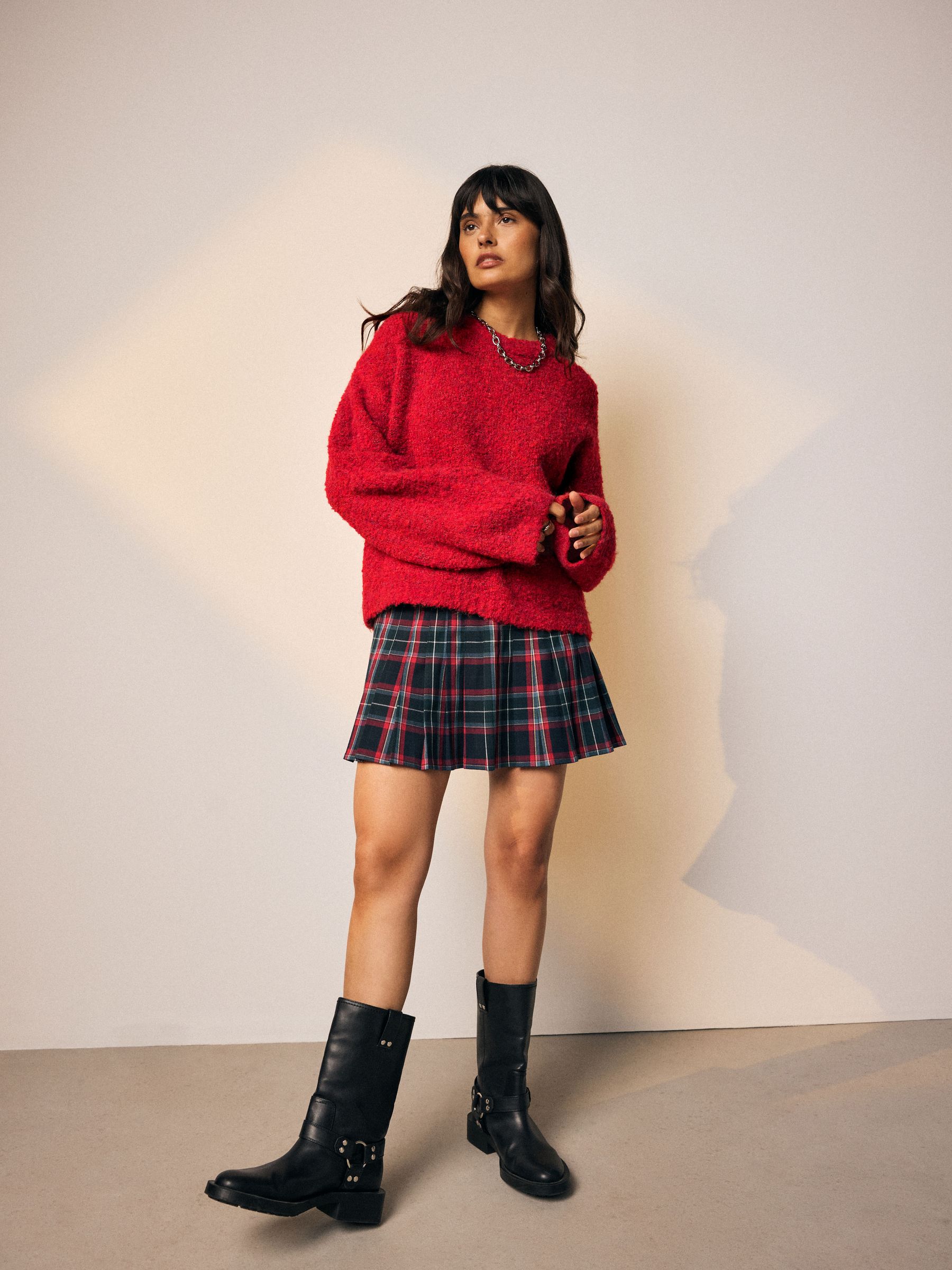 Cherry Red Boucle Crew Neck Jumper With Wool