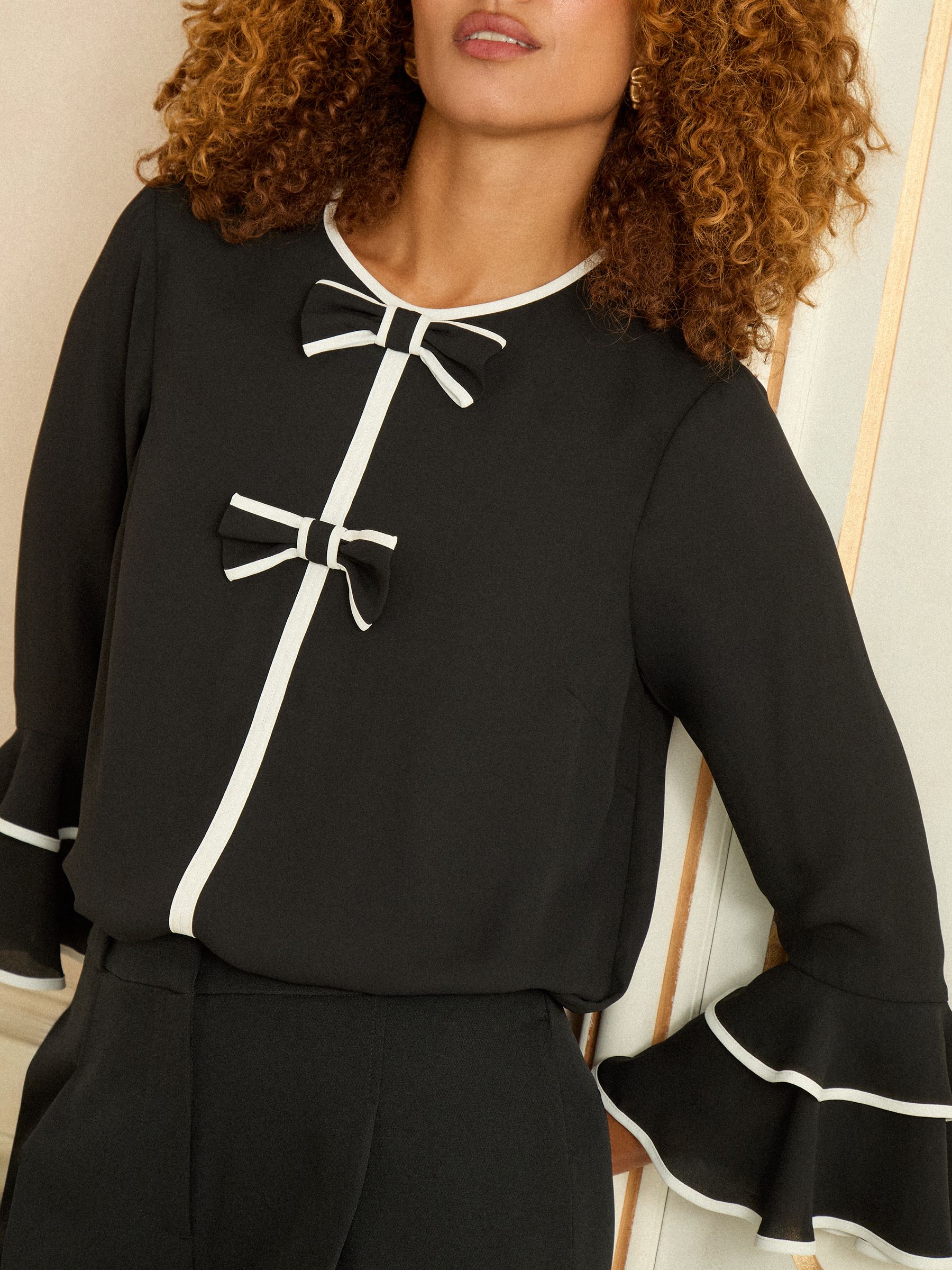 Love & Roses Black White Bow Crew Neck Pleated Flute Sleeve Blouse