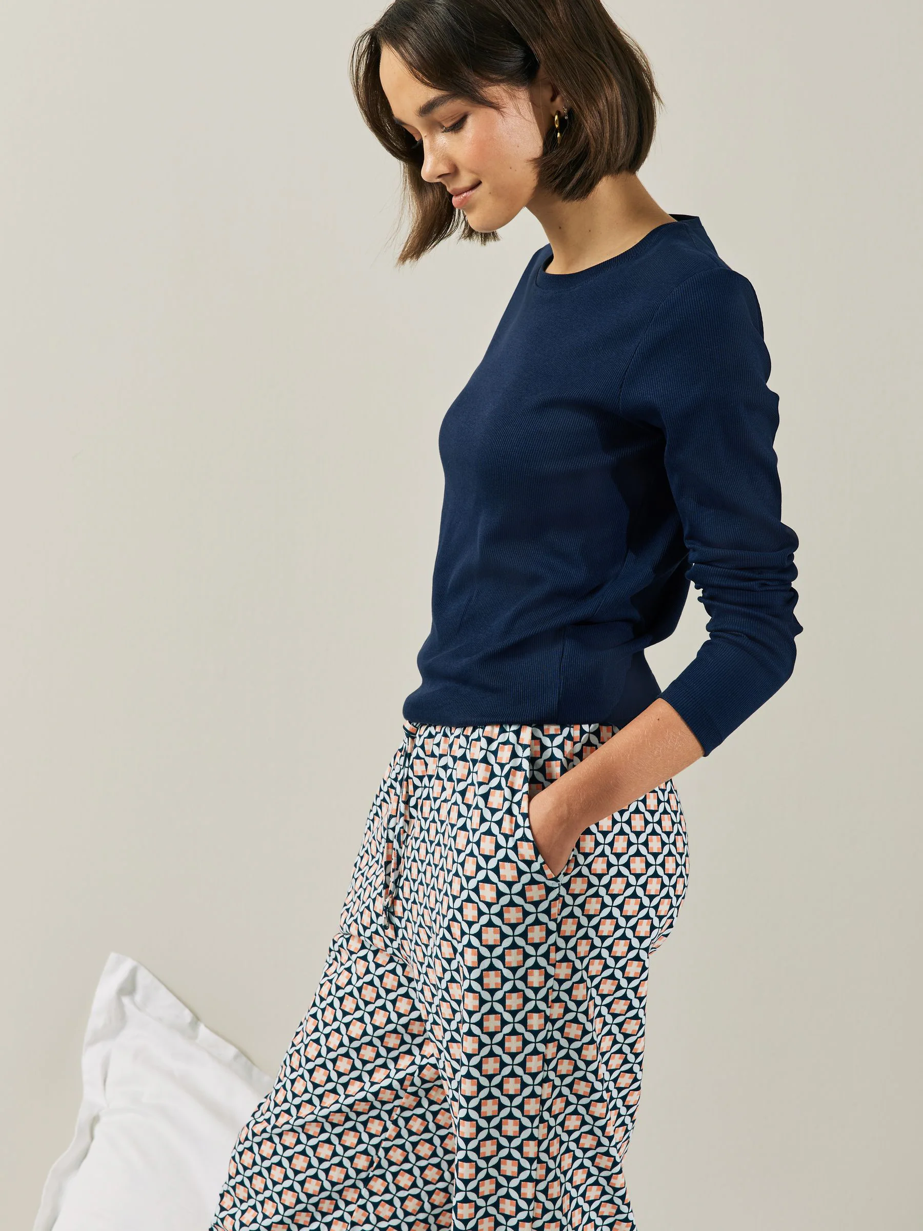 Navy Geo Ribbed Long Sleeve Pyjamas