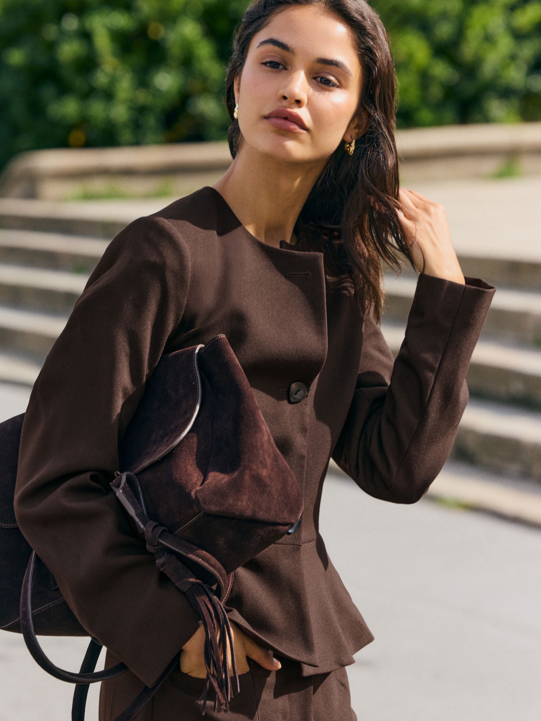 Friends Like These Chocolate Brown Peplum Collarless Blazer