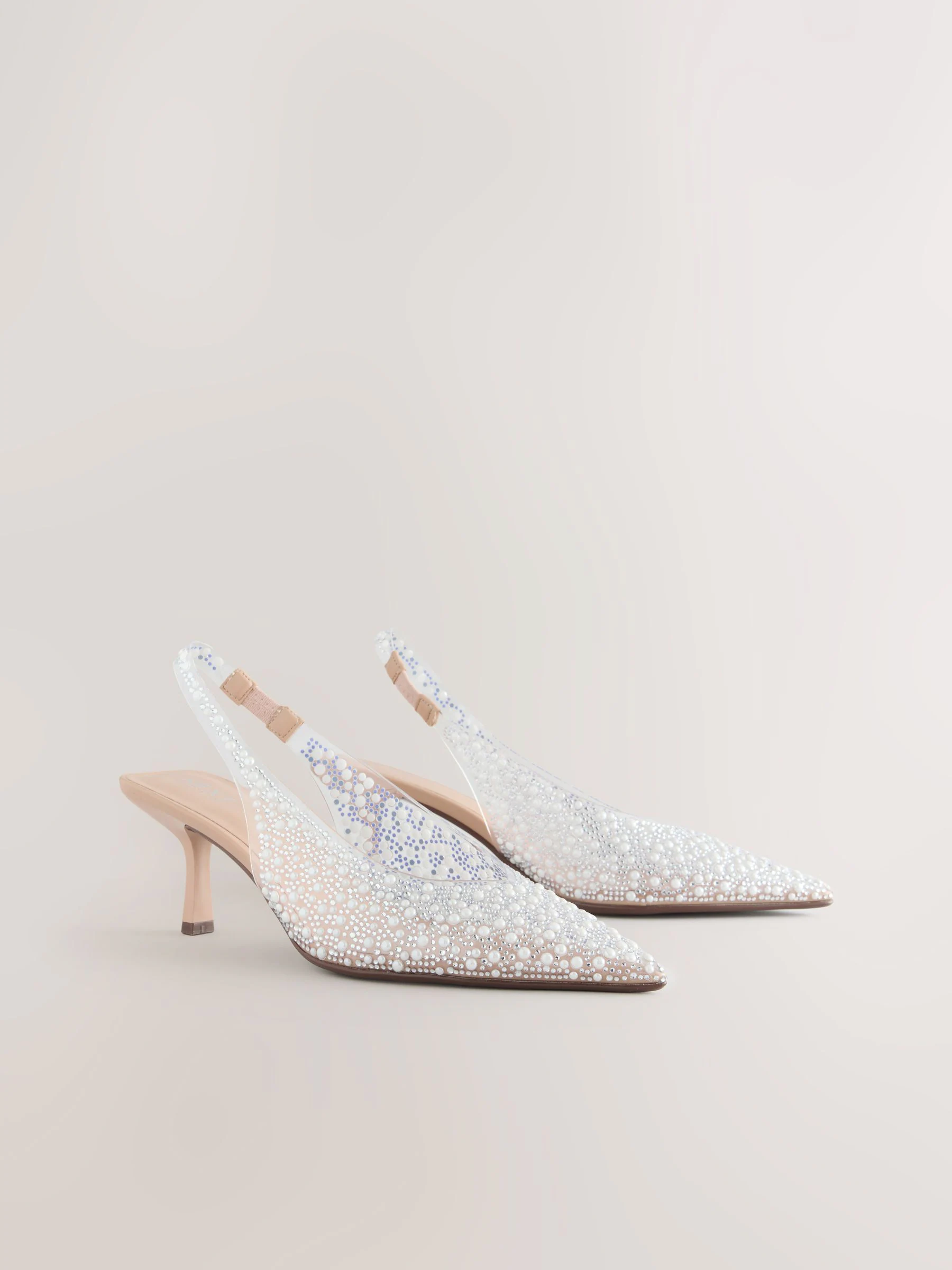 White Forever Comfort® Point Toe Vinyl Jewel Detail Sling Back Heels