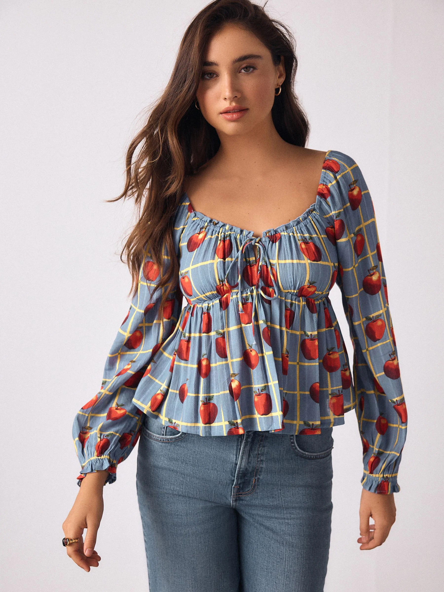 Blue Apple Print Long Sleeve Milkmaid Top